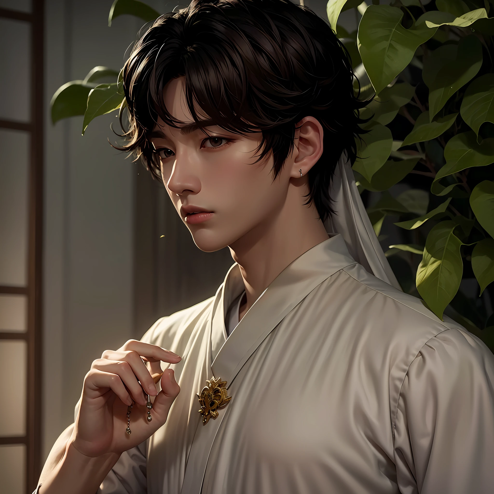 An Arad man in a white shirt holds a rosary and a leaf, Cai Xukun, jinyoung shin aesthetic, Male ulzzang, Kim Do-young, inspired by Chen Chi, Inspired by Bian Shoumin, White Hanfu, handsome japanese demon boy, Inspired by Zhang Han, inspired by jeonseok lee, inspired by Chen Hong