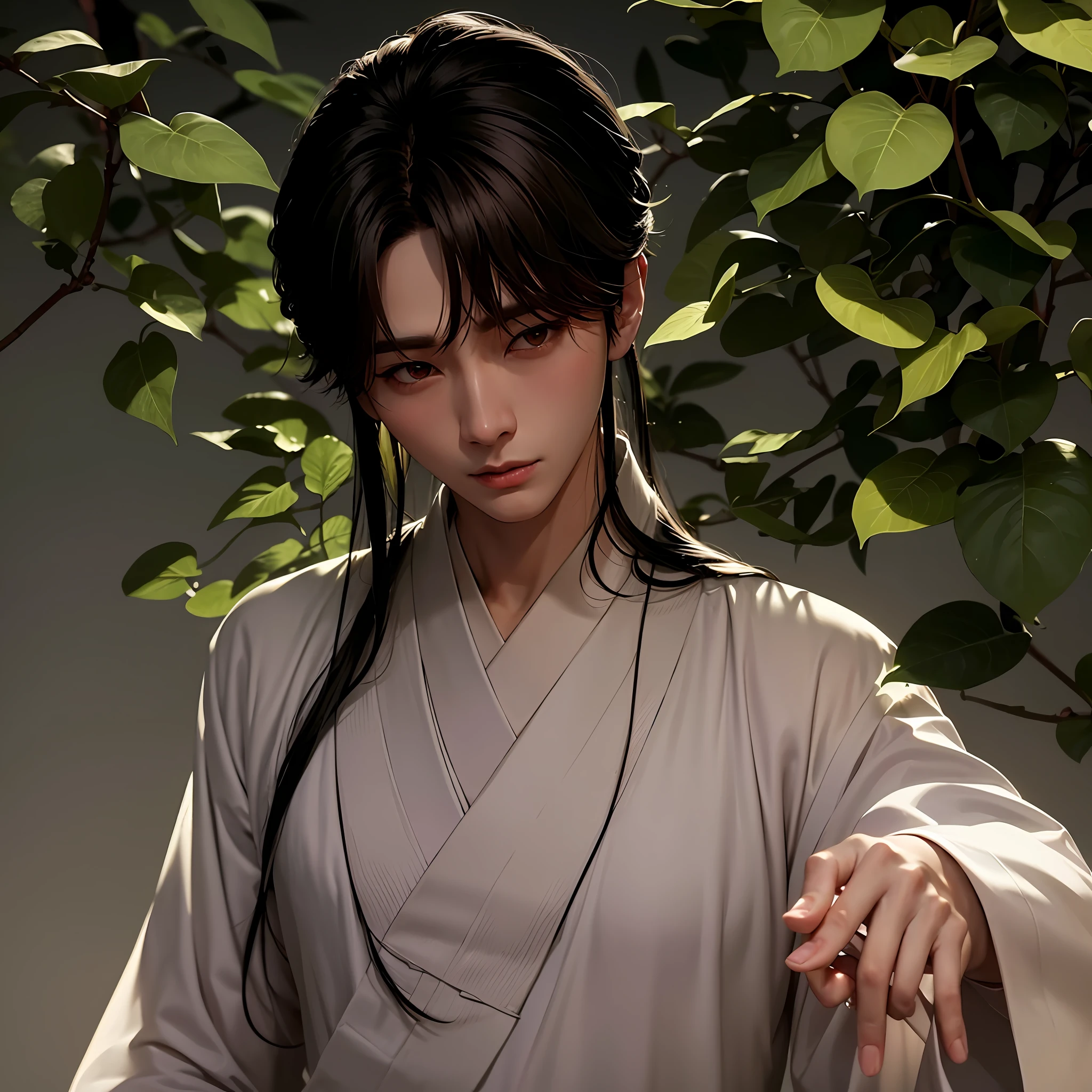 An Arad man in a white shirt holds a rosary and a leaf, Cai Xukun, jinyoung shin aesthetic, Male ulzzang, Kim Do-young, inspired by Chen Chi, Inspired by Bian Shoumin, White Hanfu, handsome japanese demon boy, Inspired by Zhang Han, inspired by jeonseok lee, inspired by Chen Hong