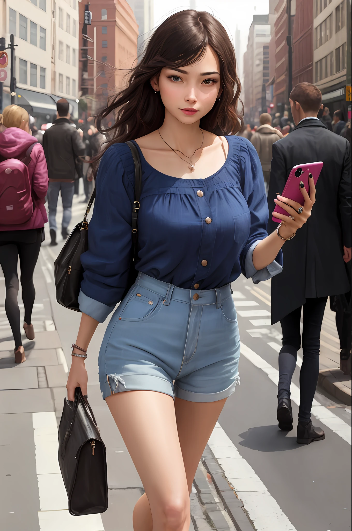 Beautiful woman, fiddling with cell phone in the middle of the street, short clothes