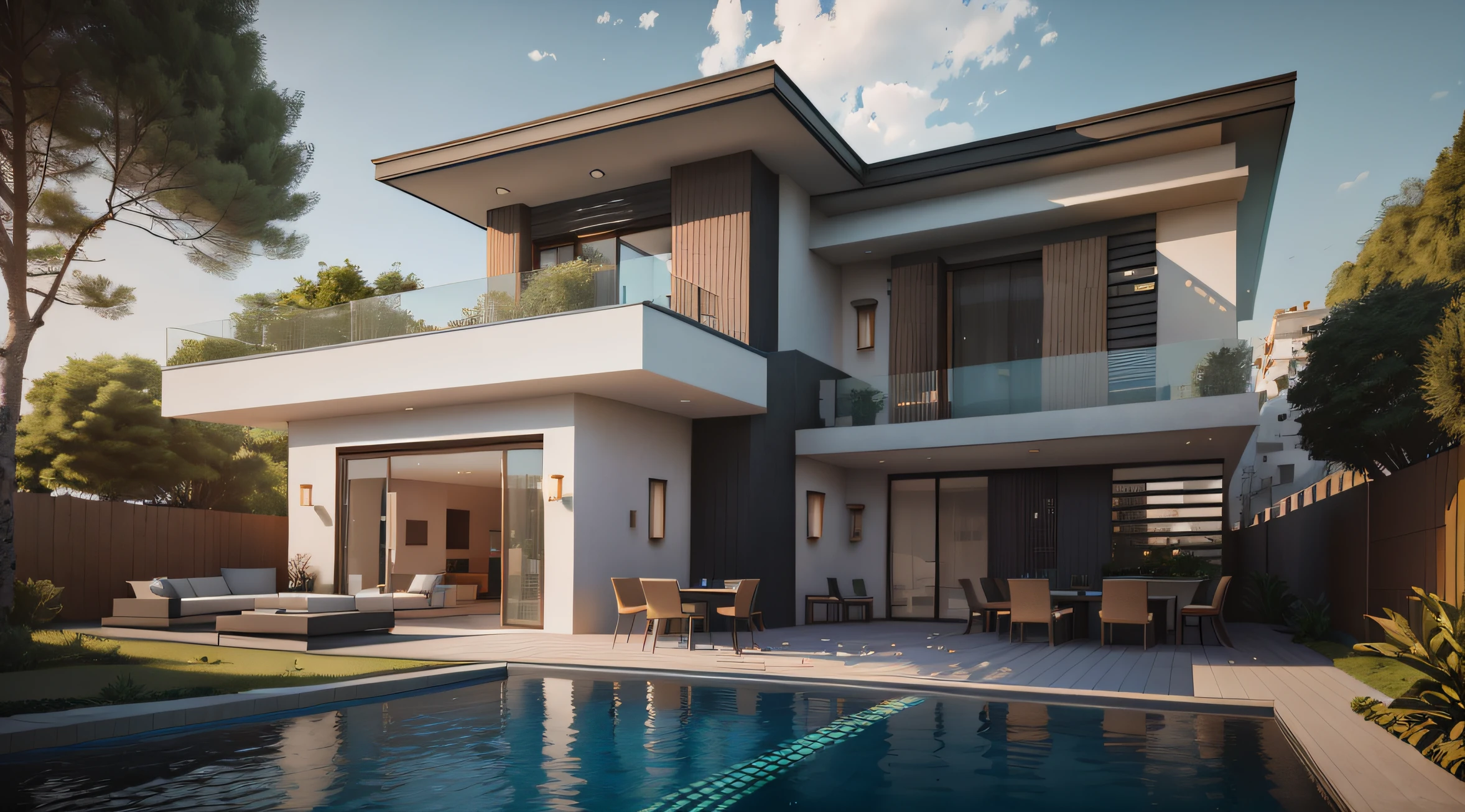 Alafid view of modern house with pool and terrace, lumion render, archviz, lumion rendering, high quality rendering, Rendered in Lumion Pro, architectural render, luxcore render, award winning render, building rendering, architectural 3 d render, precise architectural rendering, highly detailed render, archviz, beautifully detailed render, professional render,Large glass balcony doors