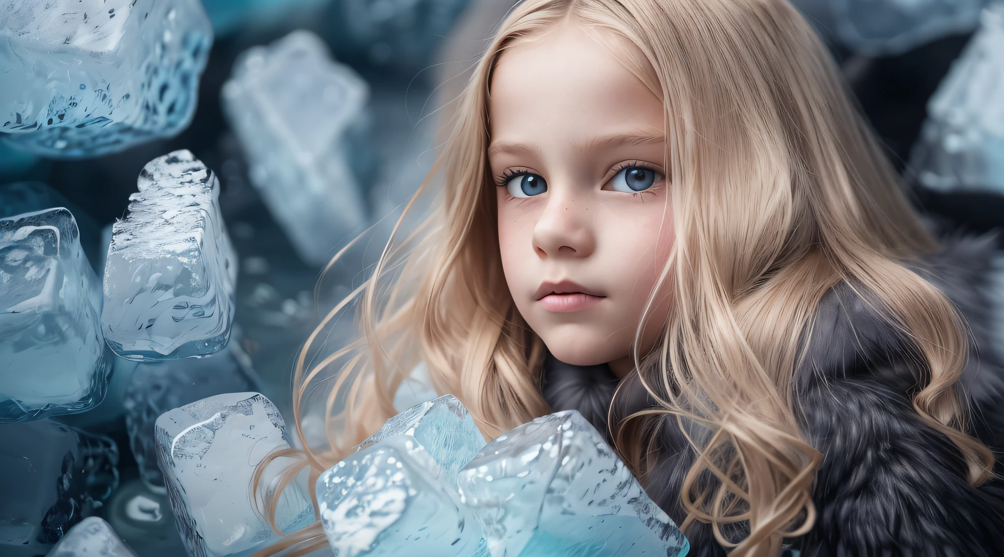  girl Russian child with hair BLONDE, PORTRAIT, BLACK FUR COAT, ICE, ICE, LOTS OF ICE,