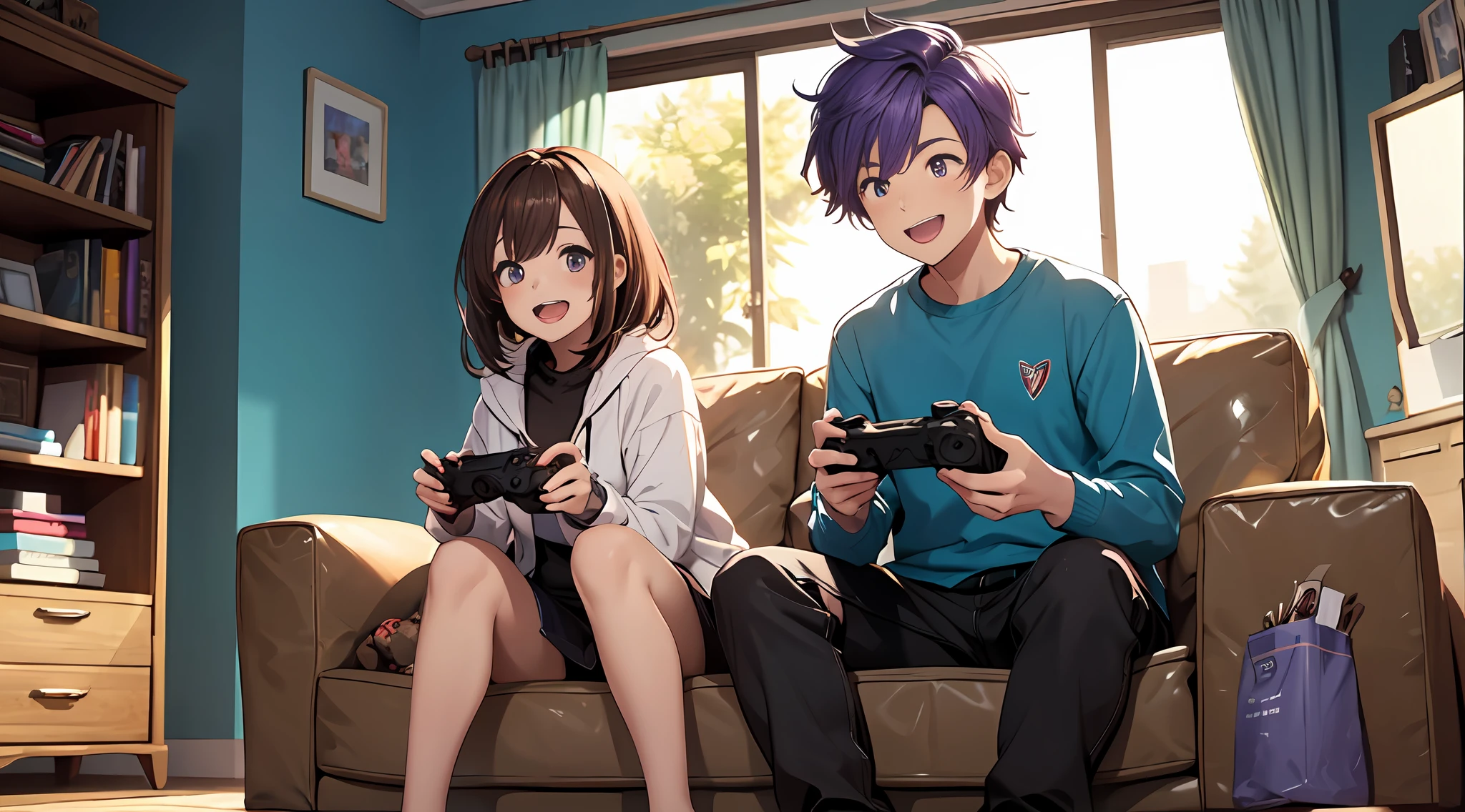 Boy with purple hair and girl with brown hair、great laughter、Video games together、sofas、DVR、relax vibe、high-level image quality、A delightful、controller、Playing、Deformed