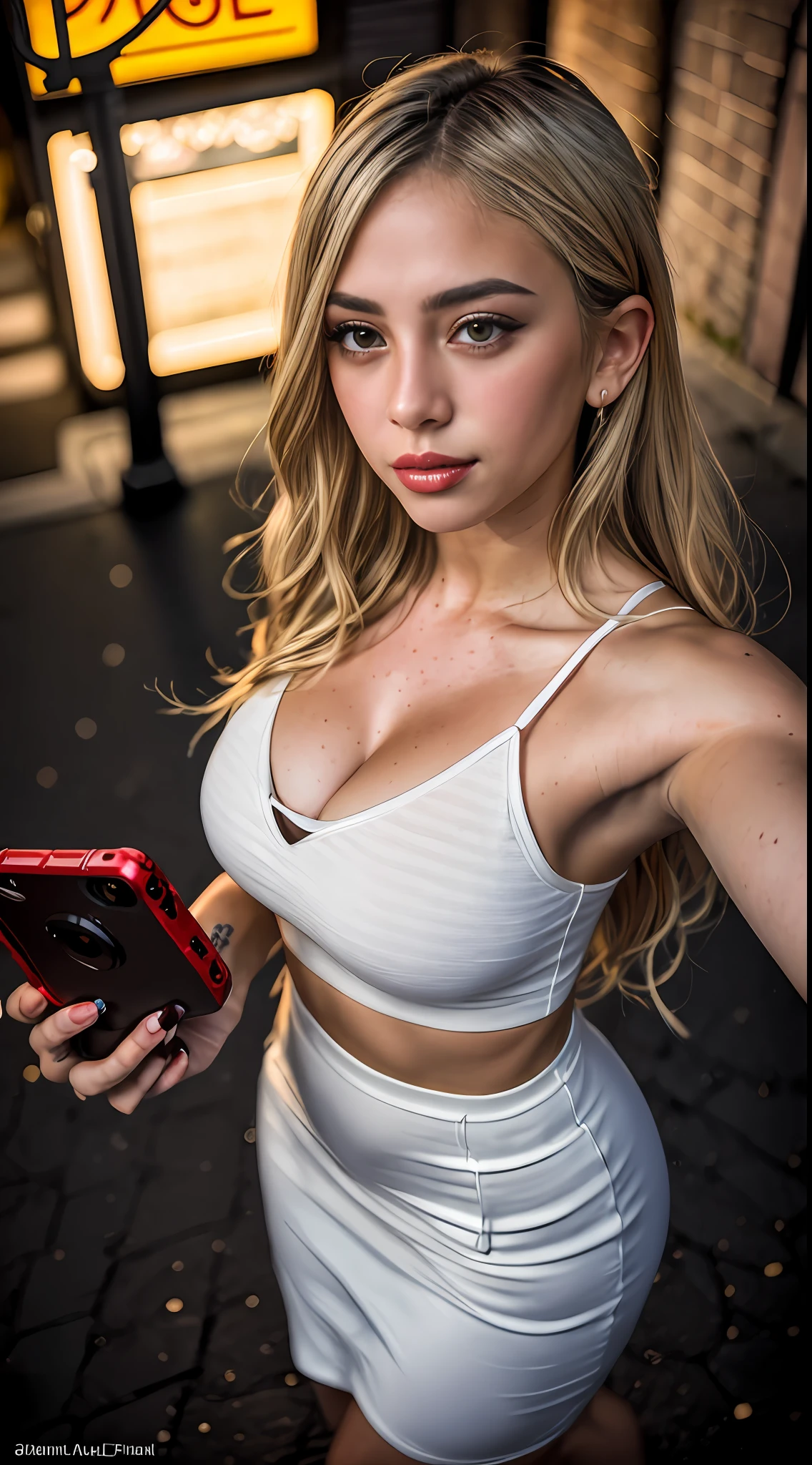 (selfie shot, from above:1.4), (half body postrait:1.4), RAW uhd portrait photo of a 24-year-old blonde (blue-eyed woman) walking down a dark alleyway, natural breasts_b, nighttime city background, (red sundress), (cleavage), detailed (textures!, hair!, shine, color!!, imperfections:1.1), highly detailed glossy eyes, (looking at the camera), specular lighting, dslr, ultra quality, sharp focus, tack sharp, dof, film grain, (centered), Fujifilm XT3, crystal clear, center of frame, cute face, sharp focus, street lamp, neon lights, bokeh, (dimly lit), low key, at night, (night sky) detailed skin pores, oiled skin, tan, intricate eye detail