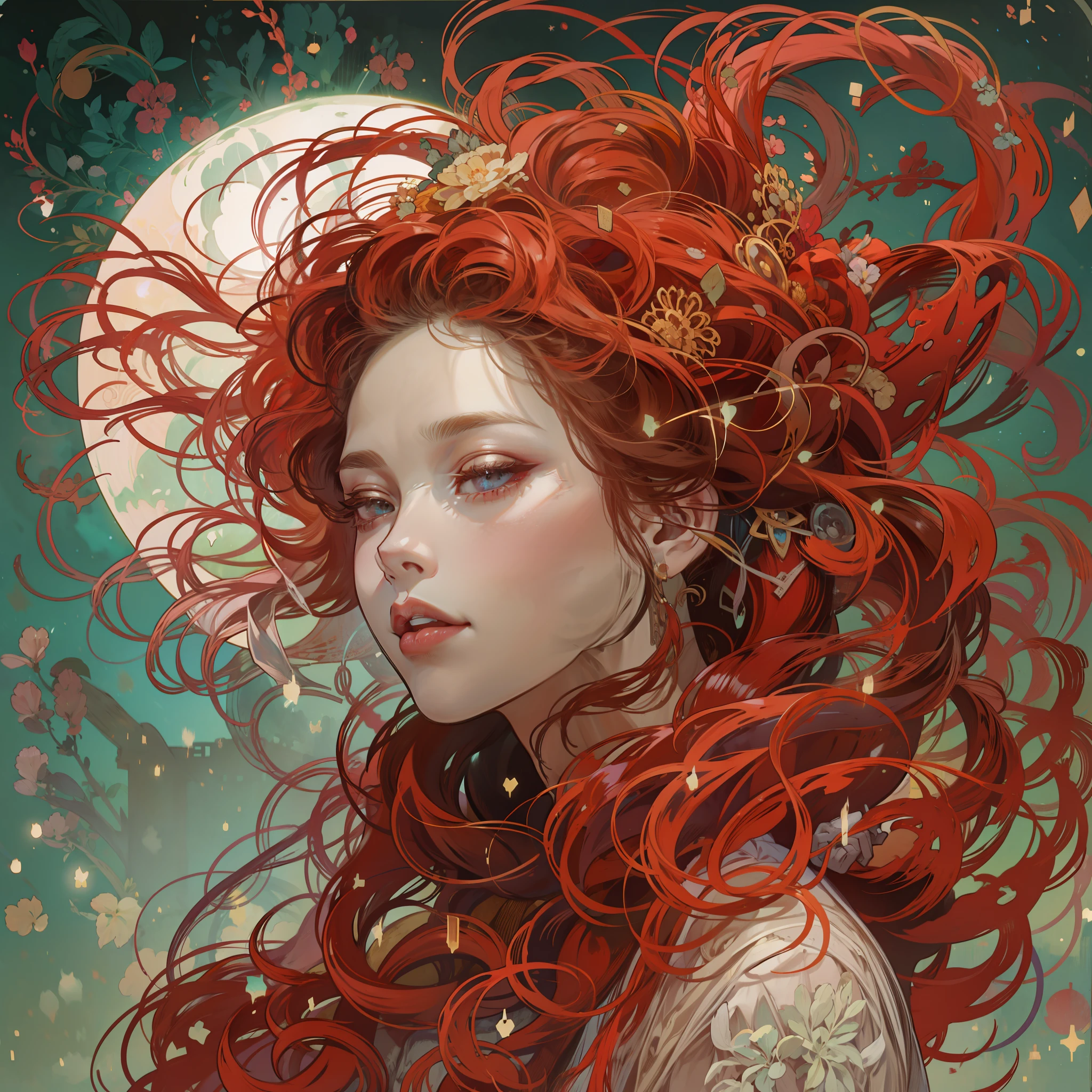 Una mujer con piel de porcelana, Pelo largo y rojo, with a delicate and ethereal beauty, Su piel brillando a la luz de la luna, Dynamic colors, Ultra detallado, Plano completo, Estilo Karol Bak, Stanley Artgermm, Tom Bagshaw, Greg Rutkowski, Griffiths de carne, Ayami Kojima. 4k