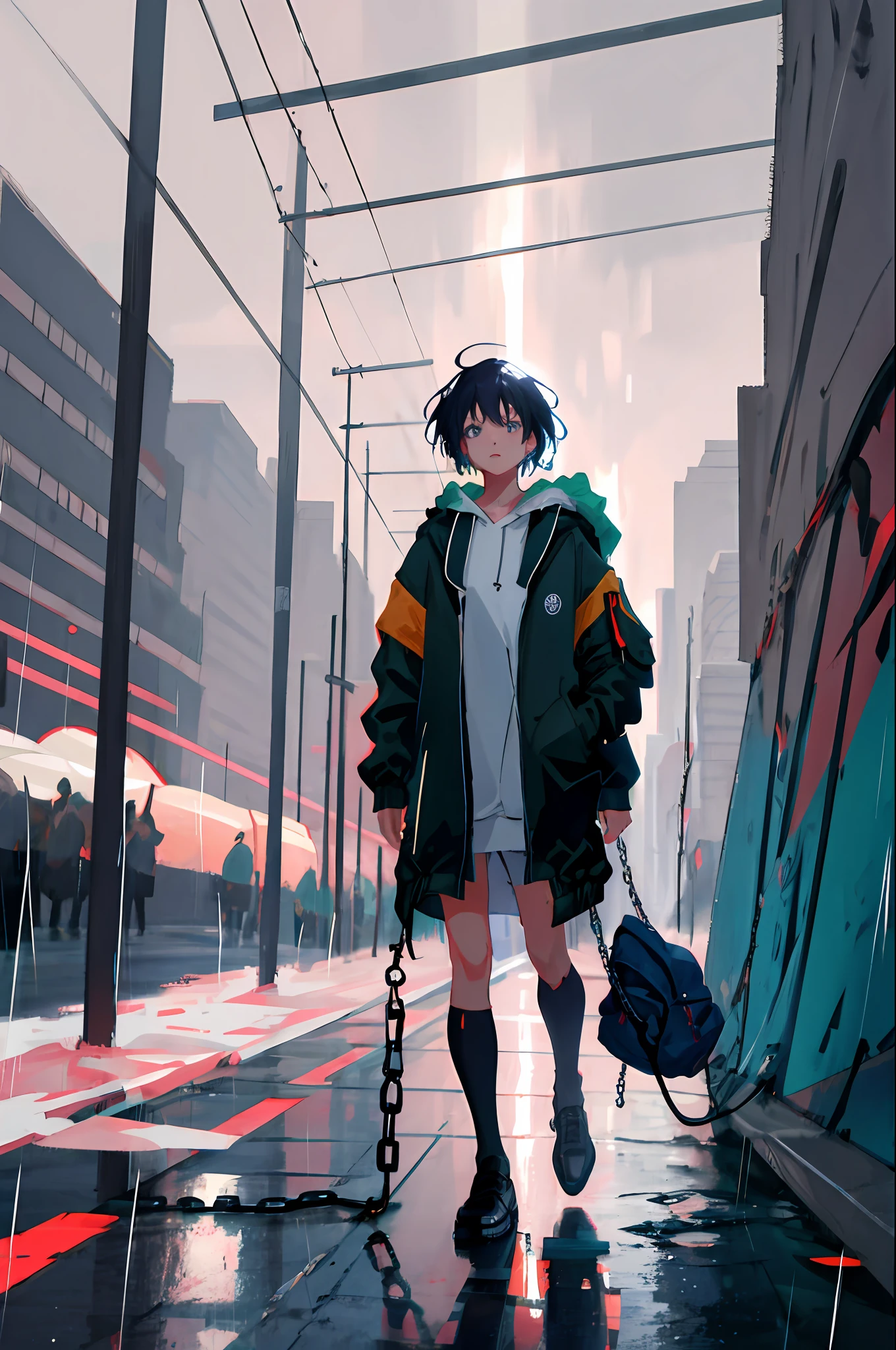 1girl, jacket, rain, outdoor, hoodie, open jacket, chain, backpack, looking at another, messy hair, trending on artstation, 8k resolution, highly detailed, anatomically correct, sharp image, digital painting, concept art, trending on pixiv, style of makoto shinkai,
