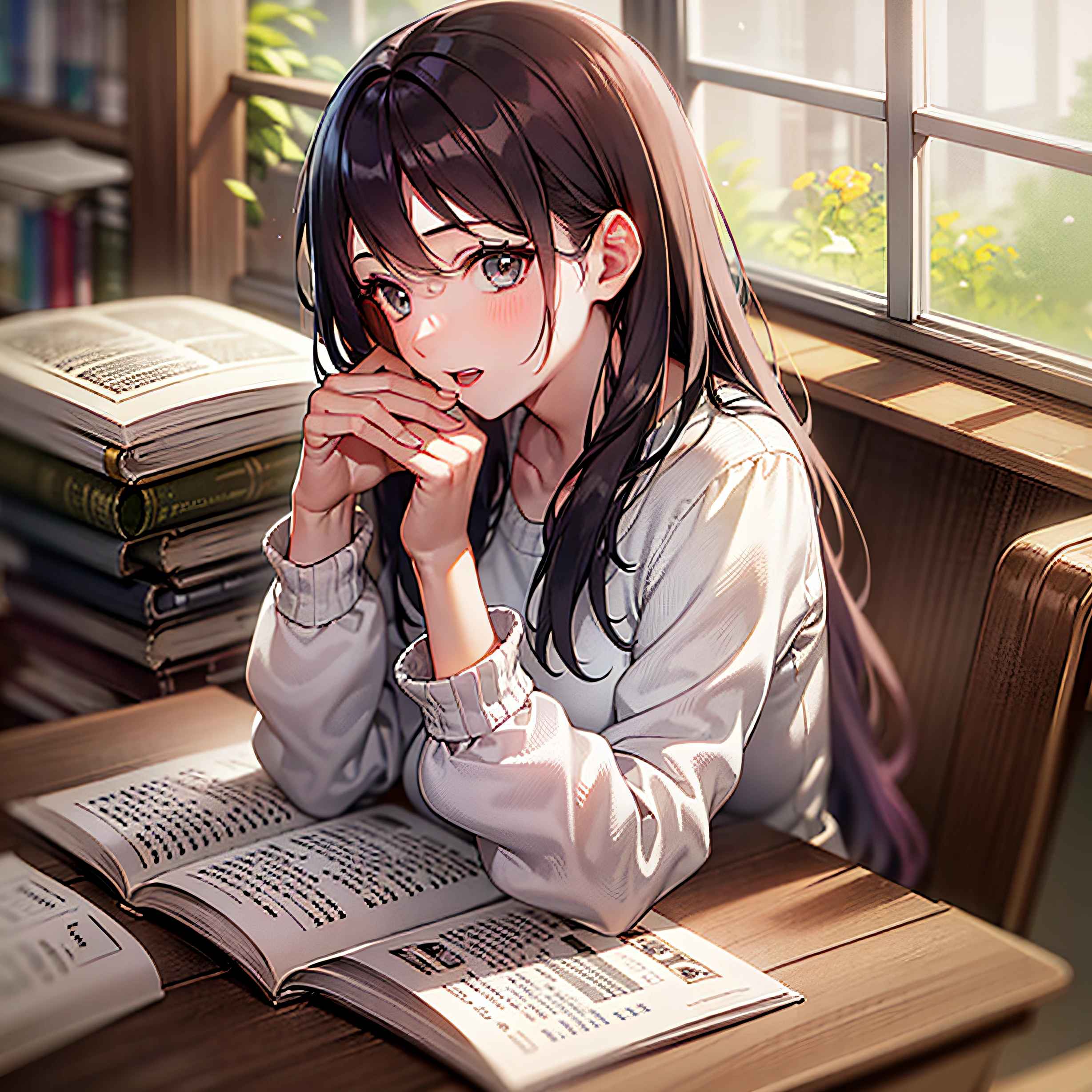 A beautiful girl wears a loose print top and comfortable loose trousers,She is studying on her own in her study。The desk is neatly stocked with books and stationery,Next to the open book is a warm cup of tea。The beautiful girl holds her chin with one hand,Flipping through the pages of the book with one hand,Concentrate and lazily enjoy the world of knowledge。Her hair was draped over her shoulders,Slightly messy,Exudes a natural and casual beauty。The study room is filled with a faint smell of books,Full of tranquility and ease。
