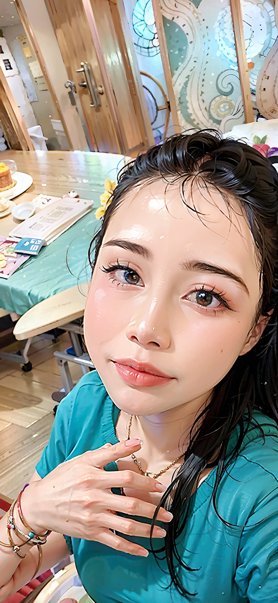 there is a woman sitting at a table with a plate of food, 3 0 years old woman, 30 years old woman, 2 , 2 9 years old old, 38 years ars old, dang my linh, 3 6 ye3 years old, 3 5 years old, 3