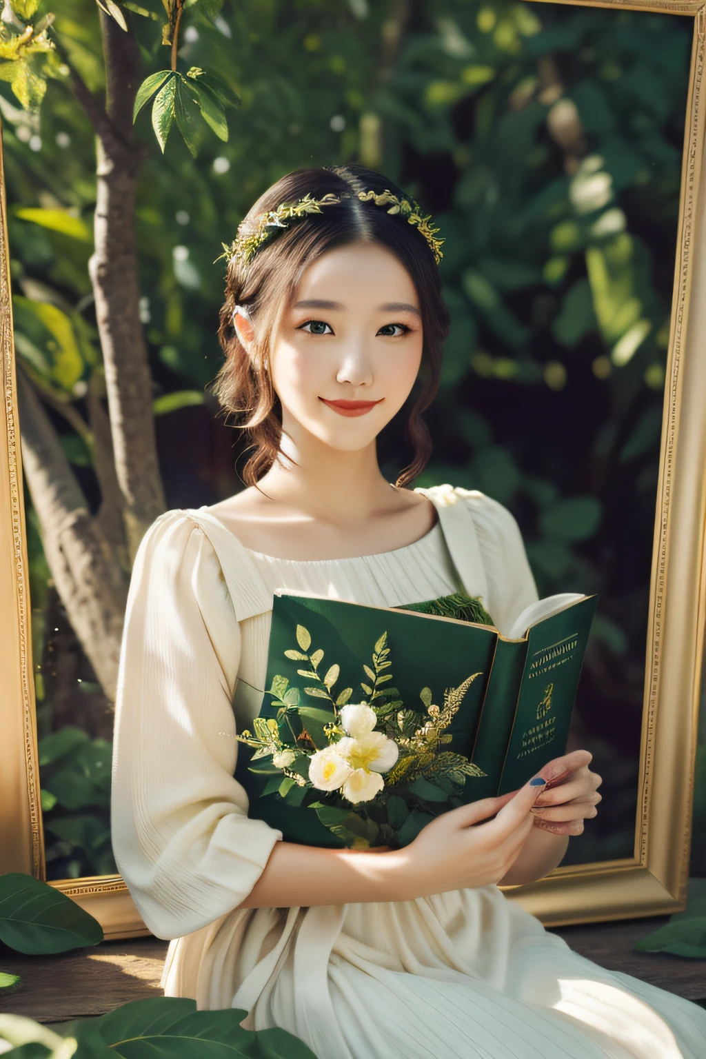 (In the picture frame:1.5), (Reading a book: 1.5), (Realistic book shape: 1.5), (5fingers in total: 1.2), 5fingers, complete 5fingers, (natural 5fingers:1.5), Natural nail shape, (natural nails: 1.5), natural book form, one book, The model wears an elaborate headpiece made of leaves, flowers, and vines that frame her face as they cascade down. Her makeup is done in tones of green and gold with a nature theme. She is reading a book with a Mona Lisa-like smile. The overall color palette is a bright spring green, accented with warm sunny effects, (raw photo, best quality), (realistic, photo-realistic:1.3), clean, masterpiece, finely detailed, masterpiece, ultra-detailed, highres, (best illustration), (best shadow), intricate, bright light