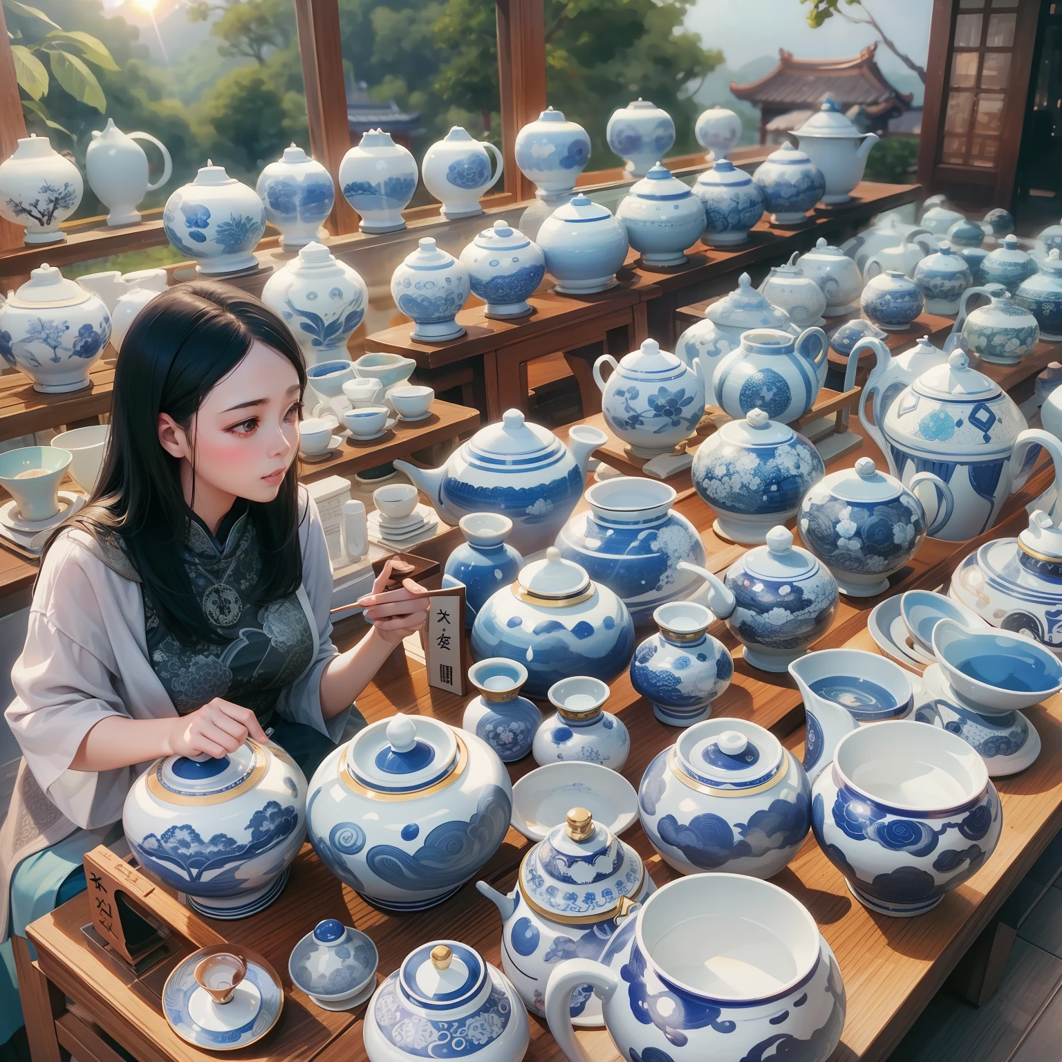 Tourist girl visiting Taoxichuan in Jingdezhen,High Picture Quality,Hyper-realistic,Choose porcelain,multiple persons,and the sun was shining brightly