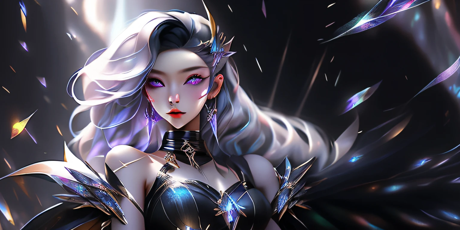 8k, complex, elegant, highly detailed, majestic, digital photography, denim lens, surrealist painting, broken glass, beating magic, (masterpiece, side light, fine beautiful eyes: 1.2), HDR, void 5 energy lightning storm, asian girl, pale skin, delicate face, black hair, wearing palatial battle armor, bare shoulders, navel, short skirt, fine metal armor, raining, beautiful, facing the audience, facing the camera, masterpiece, upper body,