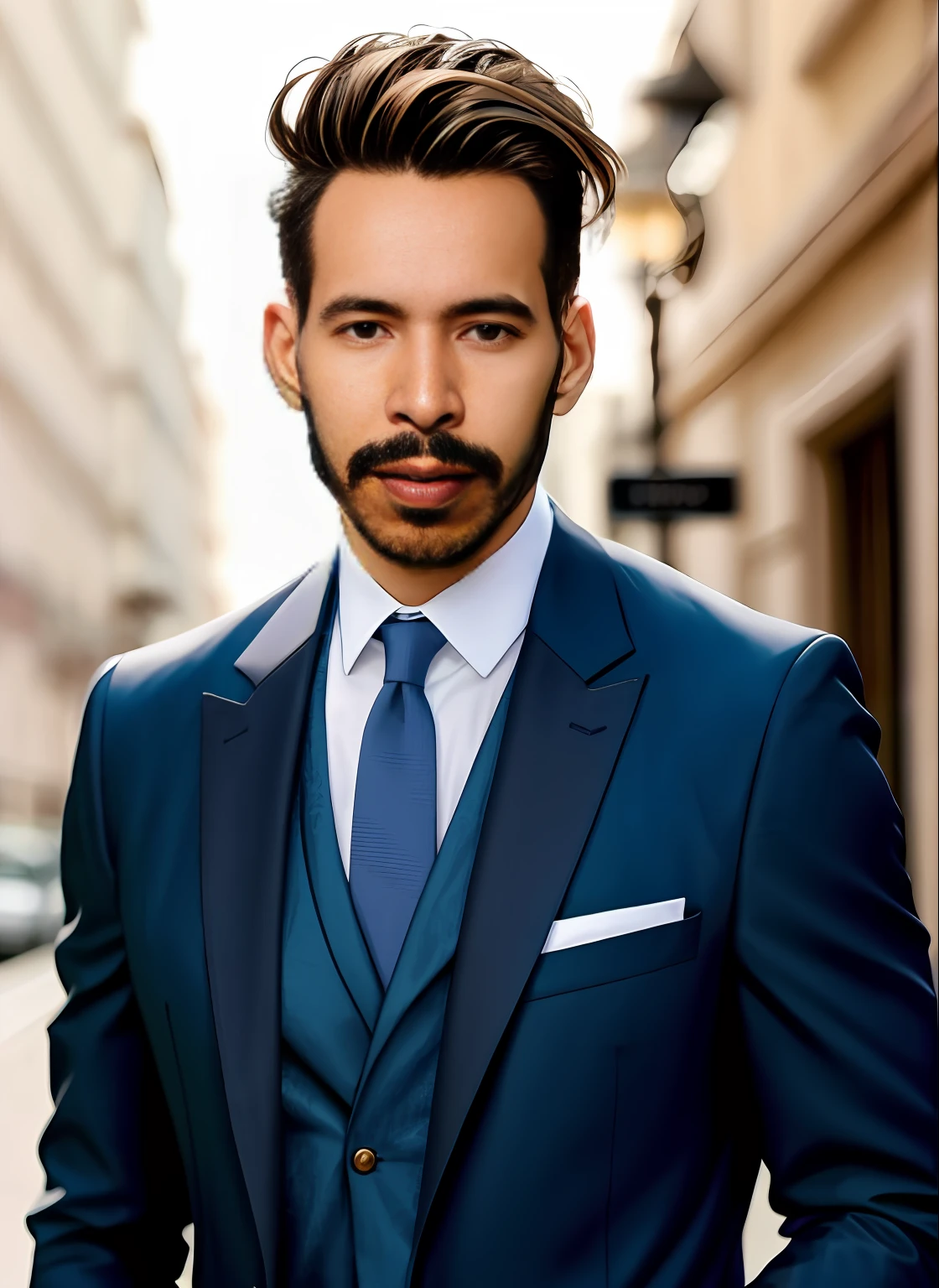 um close up de um homem de terno e gravata posando para uma foto, cabelos curtos grisalhos e barba, retrato de alta qualidade, cabelos curtos e barba prateados, modelo bem cuidado, ele tem cerca de 45 anos, terno luxuoso, apelo masculino alta moda