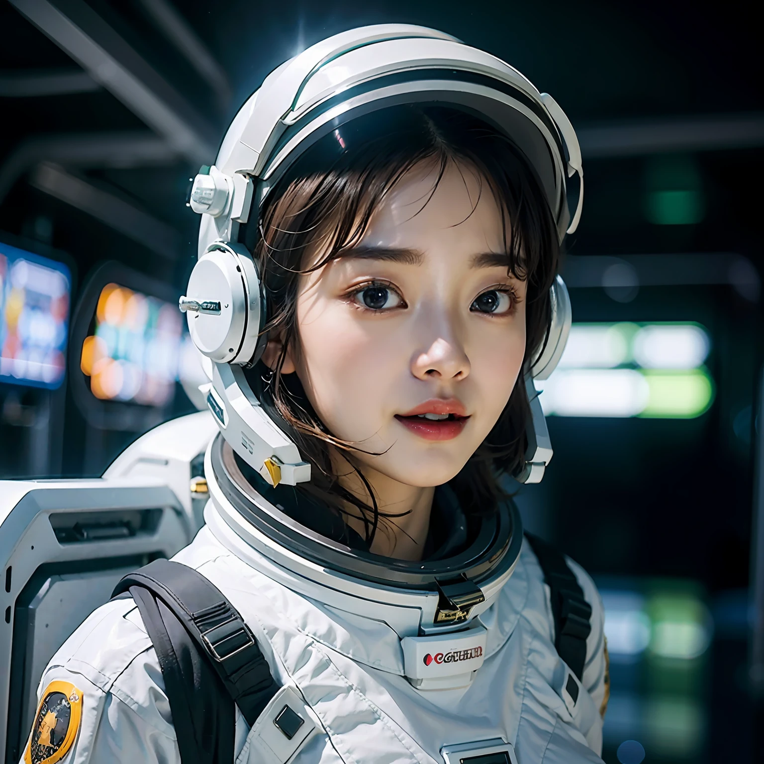 ((Night, Realistic Light, Best Quality, 8K, Masterpiece: 1.3)), (A stunning young woman in a sleek and form-fitting spacesuit, floating amidst a cluster of stars in outer space), (Celestial light from distant stars, creating a mesmerizing and otherworldly ambiance), Professional mirrorless camera.,High-resolution full-frame DSLR., (Ethereal, interstellar, cosmic beauty, astral allure, celestial grace, captivating, mesmerizing.), kpop, idol, beautiful girl, Korea girl, perfect body, perfect hand ,smile,open mouth, (short hair , brown hair), shiny skin, big breast, night , neon light,firmament,space_helmet, the most fantastic details, cinematic composition,