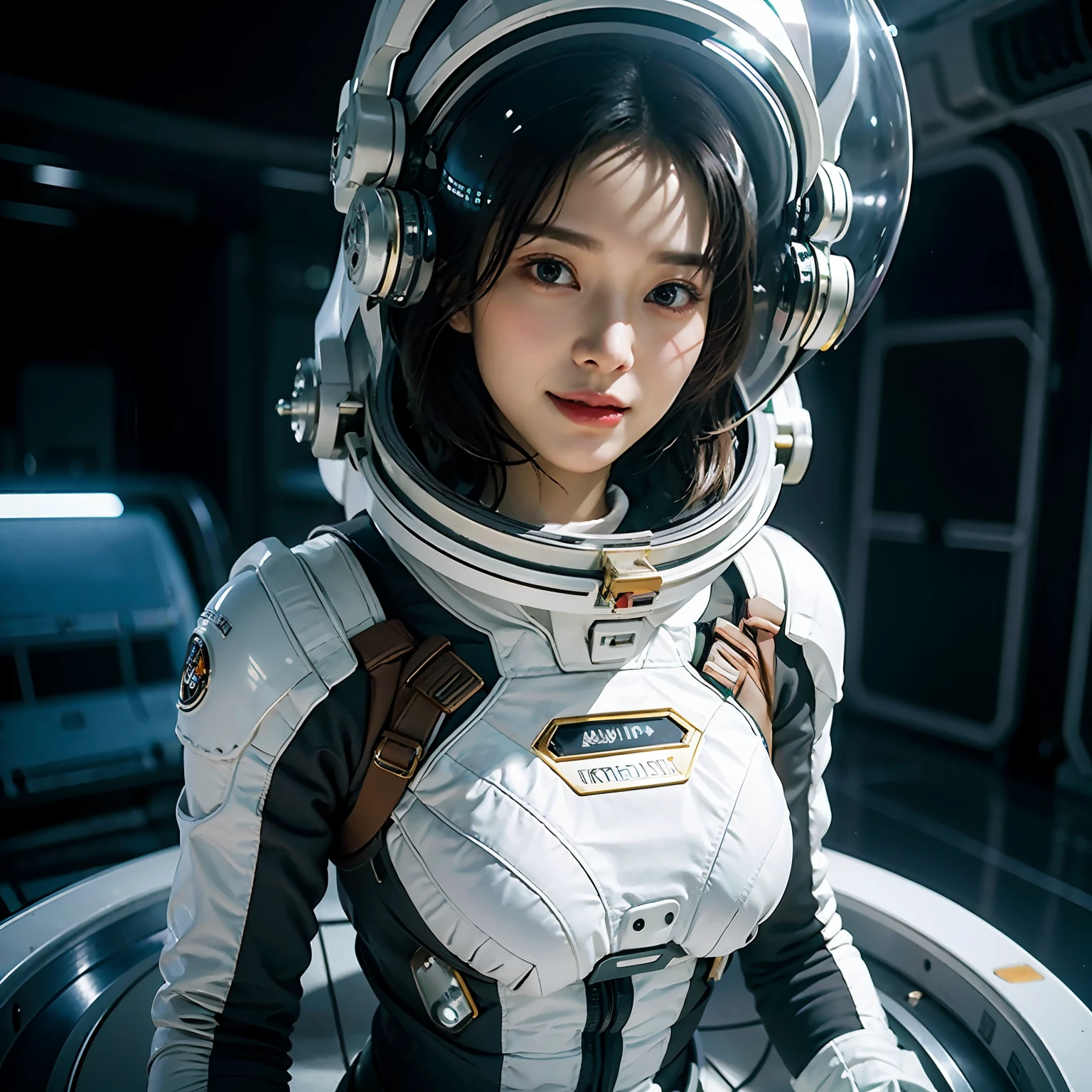 ((Night, Realistic Light, Best Quality, 8K, Masterpiece: 1.3)), (A stunning young woman in a sleek and form-fitting spacesuit, floating amidst a cluster of stars in outer space), (Celestial light from distant stars, creating a mesmerizing and otherworldly ambiance), Professional mirrorless camera.,High-resolution full-frame DSLR., (Ethereal, interstellar, cosmic beauty, astral allure, celestial grace, captivating, mesmerizing.), kpop, idol, beautiful girl, Korea girl, perfect body, perfect hand ,smile,open mouth, (short hair , brown hair), shiny skin, big breast, night , neon light,firmament,space_helmet, the most fantastic details, cinematic composition,