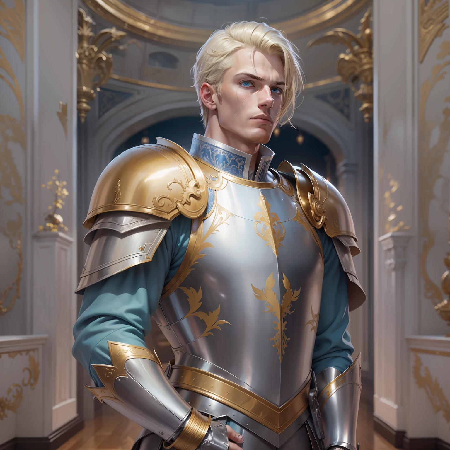 realistic image of a blond man with short hair, tall, strong, blue eyes, with a straight scar below the left eye, concentrated expression, dressed in a suit of silver armor and golden shoulder pads, standing in a wide hall of a palace
