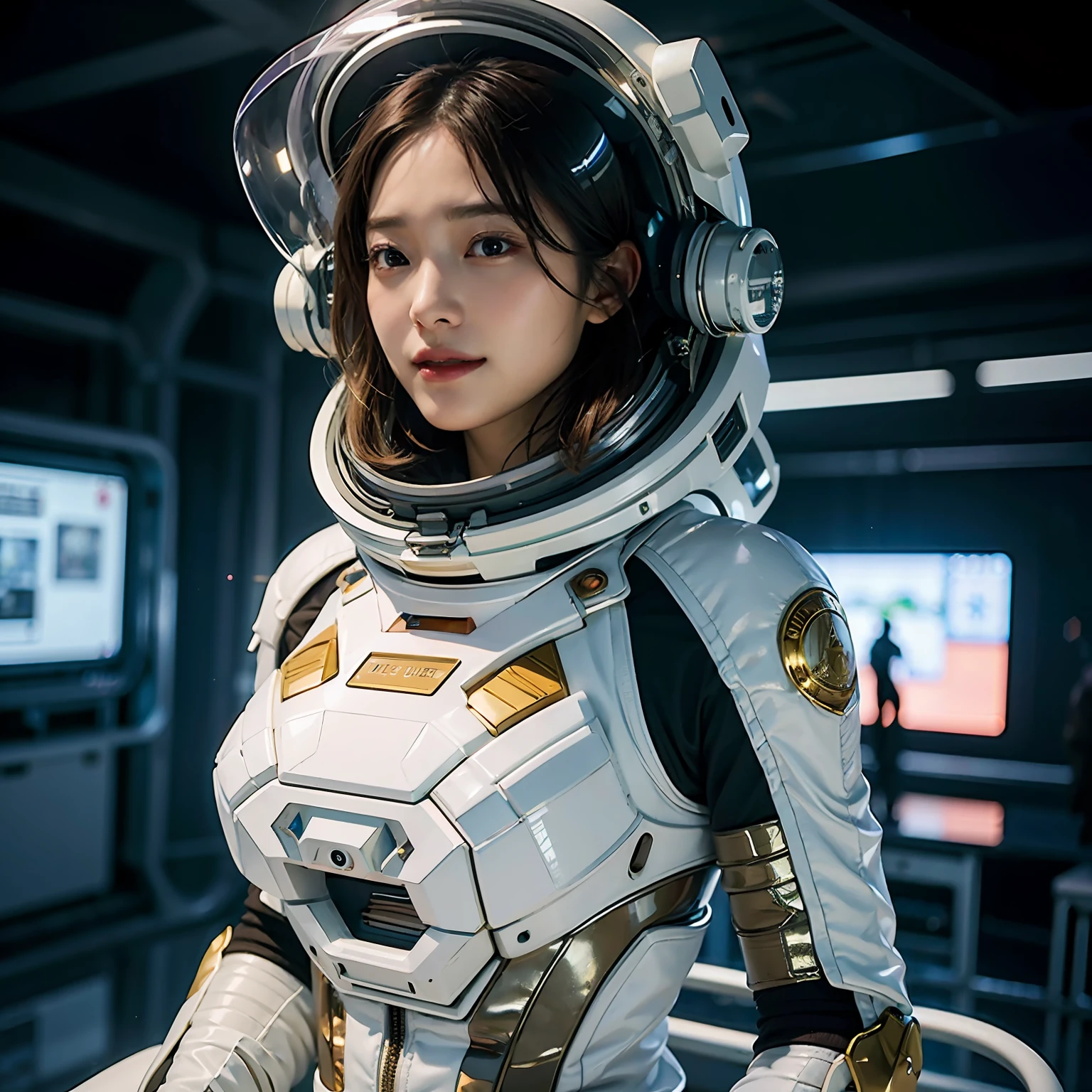 ((Night, Realistic Light, Best Quality, 8K, Masterpiece: 1.3)), (A stunning young woman in a sleek and form-fitting spacesuit, floating amidst a cluster of stars in outer space), (Celestial light from distant stars, creating a mesmerizing and otherworldly ambiance), Professional mirrorless camera.,High-resolution full-frame DSLR., (Ethereal, interstellar, cosmic beauty, astral allure, celestial grace, captivating, mesmerizing.), kpop, idol, beautiful girl, Korea girl, perfect body, perfect hand ,smile,open mouth, (short hair , brown hair), shiny skin, big breast, night , neon light,firmament,space_helmet, the most fantastic details, cinematic composition,