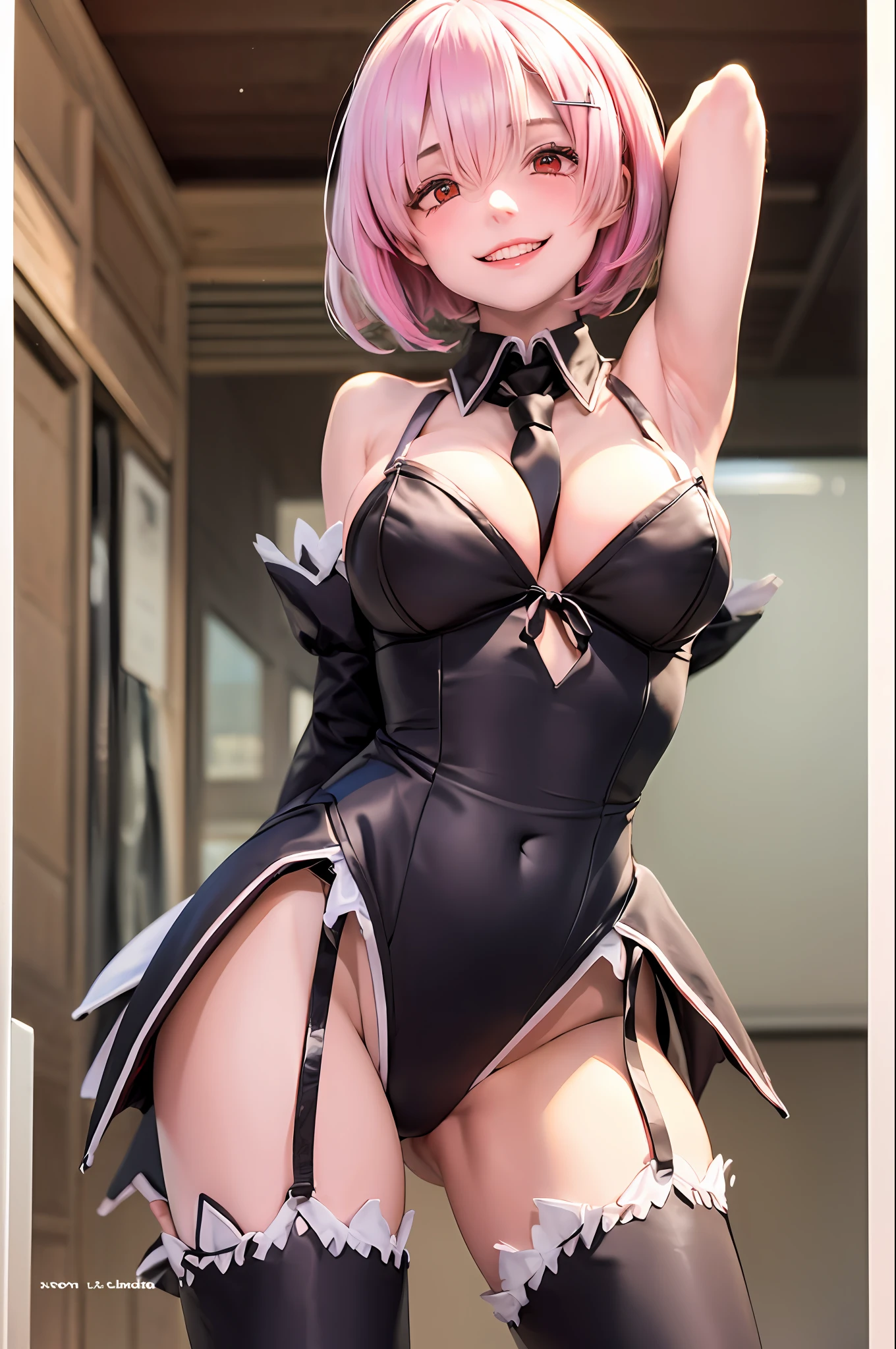 masterpiece, top-quality, Hi-Res, (((((((Evil Fall))))))), (((((Leotard))))), (Hollow eyes), (((Colossal tits))), (((neck tie))), Ram, ((Enamel material)), ((Glossy material)), 1girl in, 独奏, (((Standing picture))),Ram(Re:Life in another world starting from scratch), A pink-haired, white thighhig, (((short-hair))), red eyes, Hair above one eye, ((frilld)), ((garter strap)), deadpan, smile