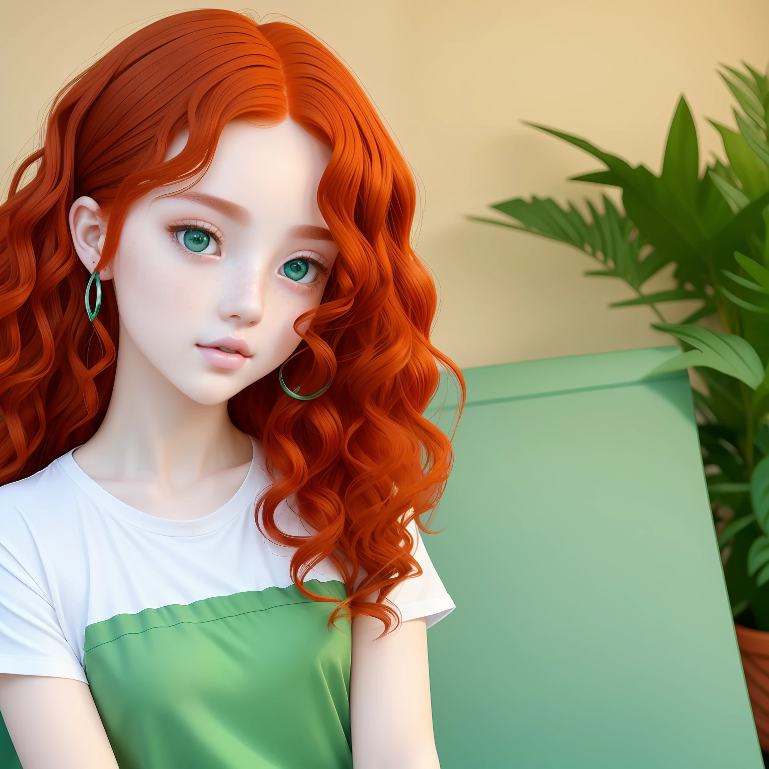 Artistic figures,It has a painting-like exterior feature,Delicate red hair with clear blue eyes,Thick curls are punctuated with cute freckles,Lips are full of tenderness,The complexion is as fair as jade。She wears a green T-shirt with black jeans,Petite and cute。 --auto