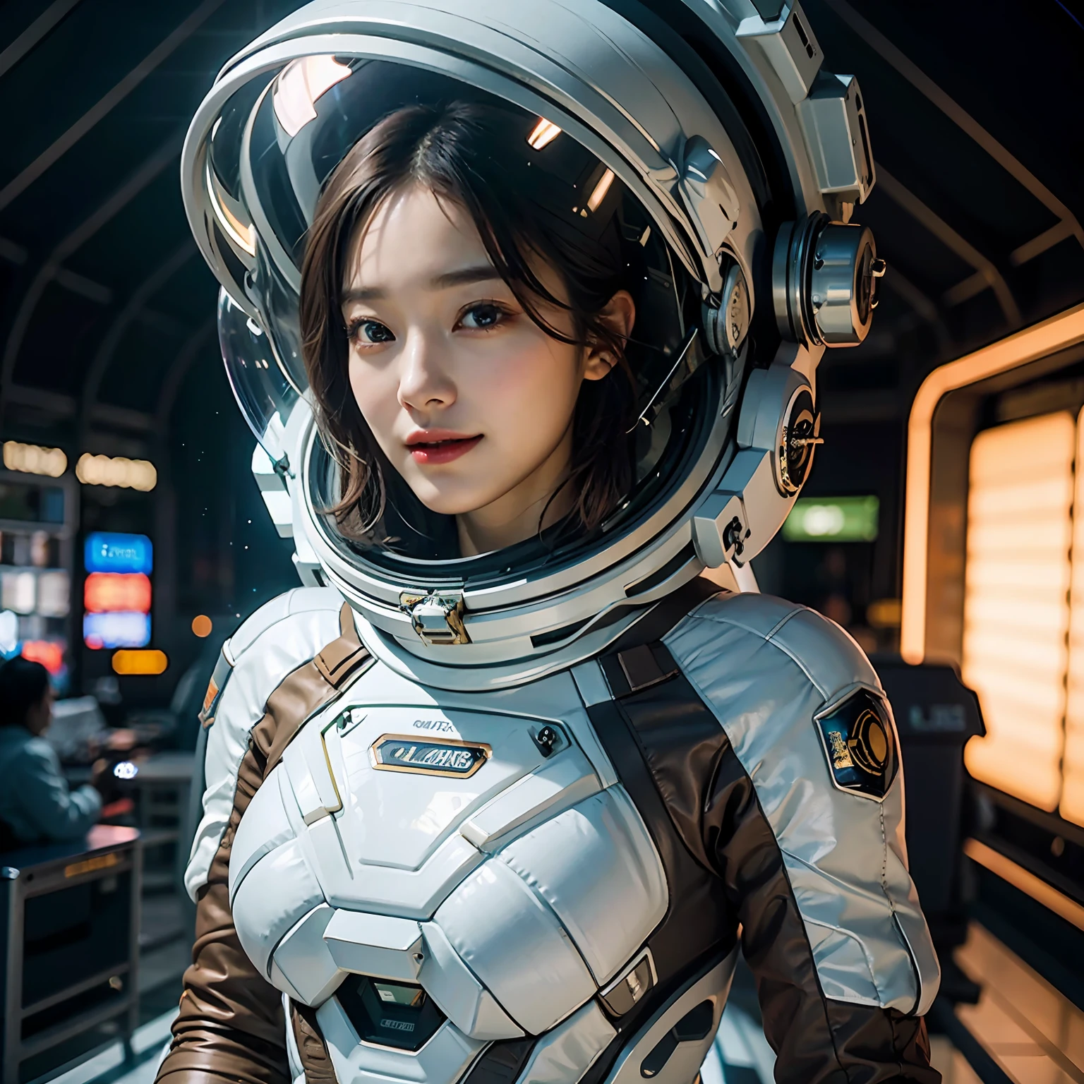 ((Night, Realistic Light, Best Quality, 8K, Masterpiece: 1.3)), (A stunning young woman in a sleek and form-fitting spacesuit, floating amidst a cluster of stars in outer space), (Celestial light from distant stars, creating a mesmerizing and otherworldly ambiance), Professional mirrorless camera.,High-resolution full-frame DSLR., (Ethereal, interstellar, cosmic beauty, astral allure, celestial grace, captivating, mesmerizing.), kpop, idol, beautiful girl, Korea girl, perfect body, perfect hand ,smile,open mouth, (short hair , brown hair), shiny skin, big breast, night , neon light,firmament,space_helmet, the most fantastic details, cinematic composition,