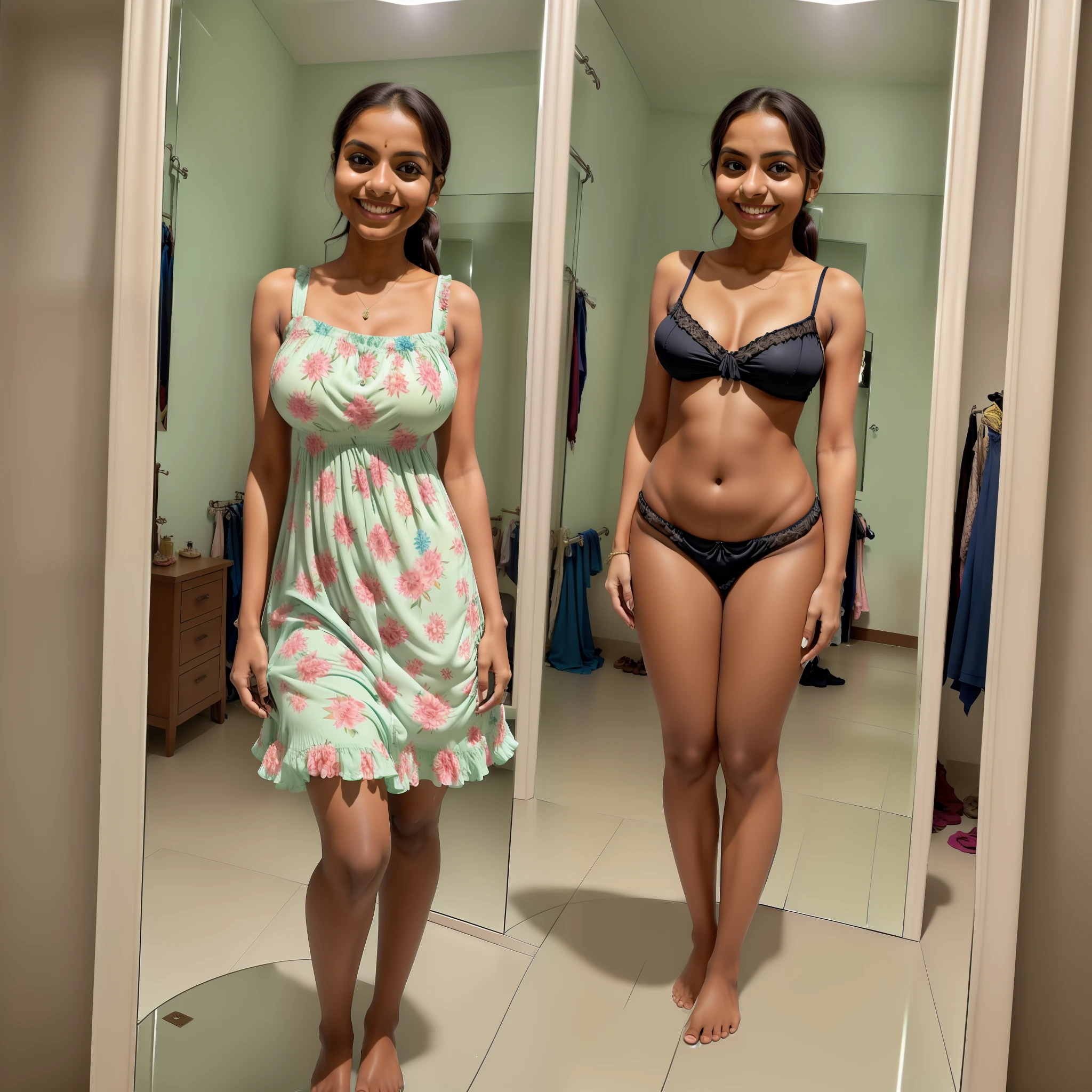 editorial photo of a kerala woman, shot on CineStill 800T, ((clicking selfie trying on loose sundress:1.3)), changing room, 32k, cinematic composition, professional color grading, film grain, atmosphere, wondrous, visible navel, ((anatomically correct:1.4)), hyperrealistic, (looking at camera), ( skinny:1.3) smiling, ((reflection on a mirror:1.4)), looking at a mirror, ((full body shot))