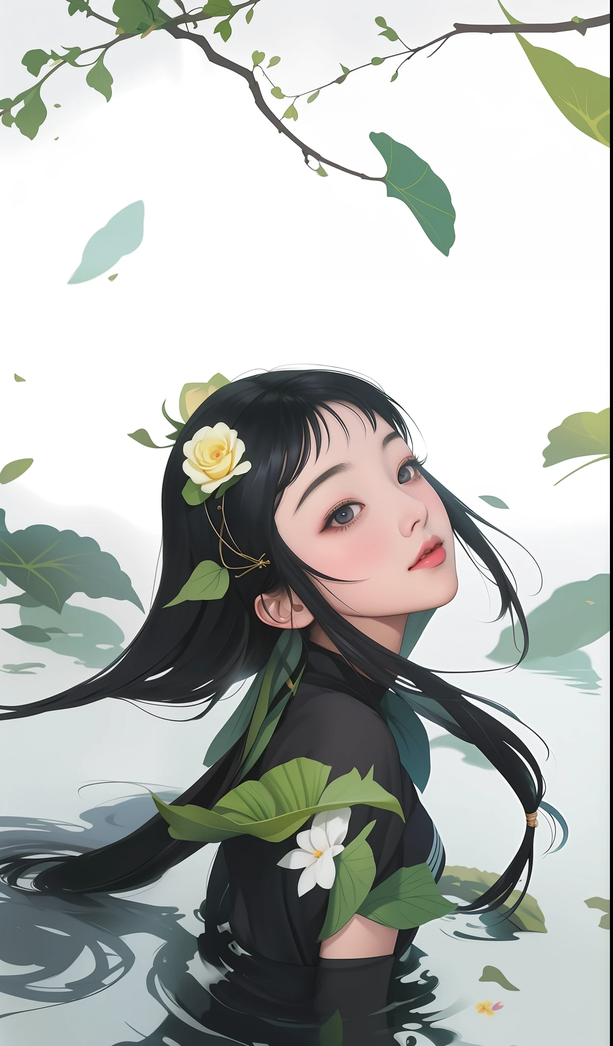 Anime girl with long black hair and flowers in her hair, Guviz-style artwork, Guviz, a beautiful anime portrait, by Yang J, Beautiful anime girl, Digital anime illustration, anime styled digital art, style of anime4 K, anime visual of a cute girl, guweiz masterpiece, inspired by Ma Yuanyu, Anime style portrait