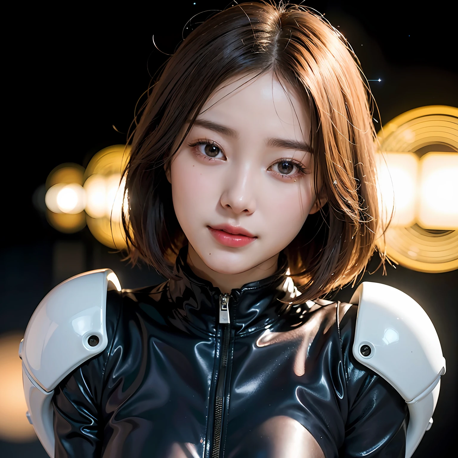 ((Night, Realistic Light, Best Quality, 8K, Masterpiece: 1.3)), (A stunning young woman in a sleek and form-fitting spacesuit, floating amidst a cluster of stars in outer space), (Celestial light from distant stars, creating a mesmerizing and otherworldly ambiance), Professional mirrorless camera.,High-resolution full-frame DSLR., (Ethereal, interstellar, cosmic beauty, astral allure, celestial grace, captivating, mesmerizing.), kpop, idol, beautiful girl, Korea girl, perfect body, perfect hand ,smile,open mouth, (short hair , brown hair), shiny skin, big breast, night , neon light,