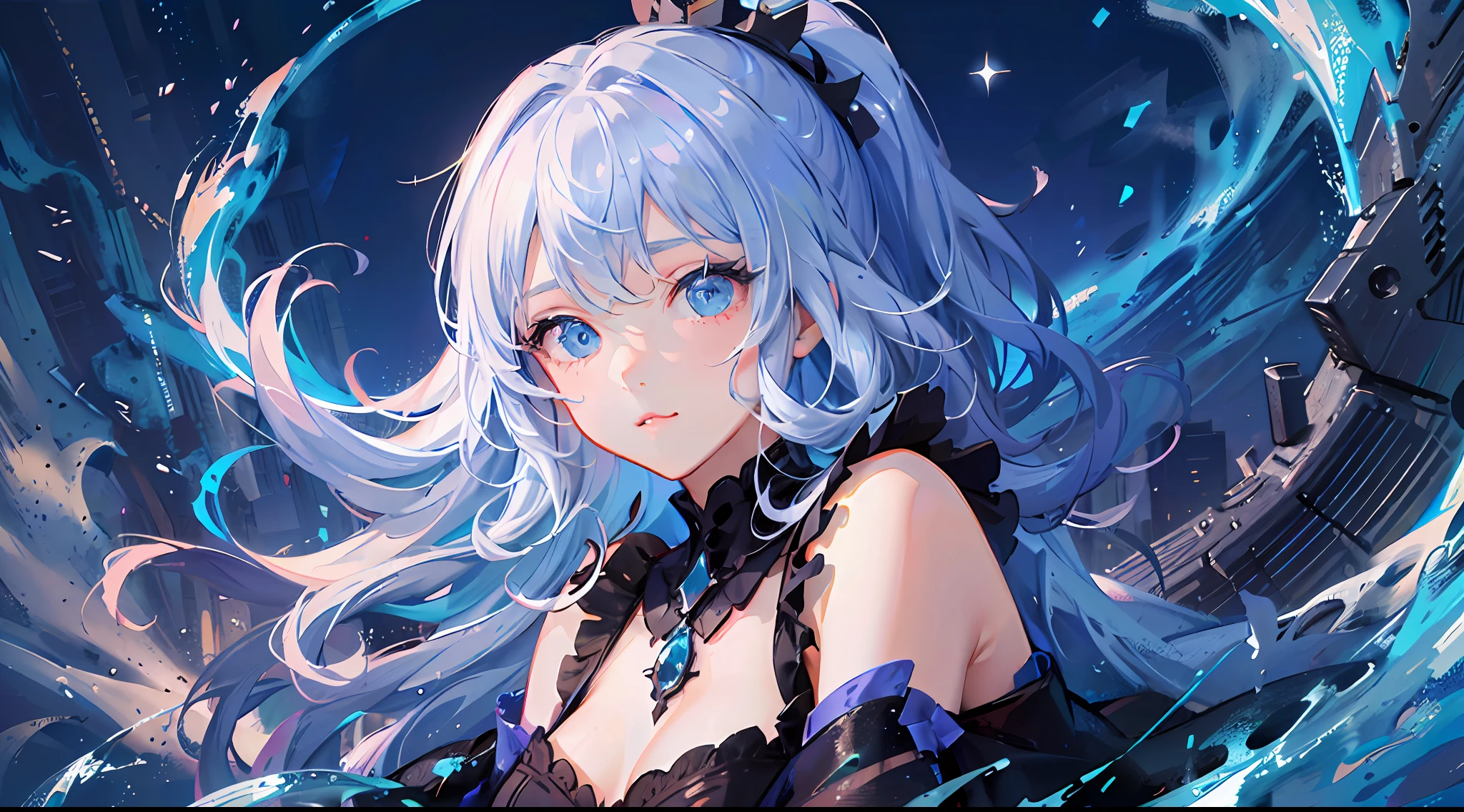 (hyper HD)、Retina Screen、acurate、anatomy correct、textureskin、hyper-high detail、high detal、high qulity、best qualtiy、A high resolution、Highest image quality、A masterpiece、(extremely detailed nipple)、(Best quality)、(tmasterpiece)、lightand shade contrast、Cinematic lighting、color difference、Twinkle、Ray traching、dynamic linework,eye detailed, lens flare glow, filmposter, tarot frame, The portrait is in the middle, ciri, Negative space, 独奏, Floating color net, many color, Floating drops, Water magic, Mottled sunlight, optic, Caustics, rainbowing, Beautiful detail halo, leaning backward, eyeslashes, long whitr hair, tilt of the head, dynamicposes, Asymmetrical hair, slanted bangs, High double ponytail,Flowing hair,abstract backgrounds,The upper part of the body,Pondering,feater, Exposed shoulders,whitegloves, animemanga girl, Anime moe art style, Childish face, splashing water drops, The eyes are highlighted and brightened, glittery, concept-art,facing to audience,Pout,Sky blue dress,Wings formed by water,Angel head ring,light blue hair, blue watery eyes, blue colors,Blue pupil,The starry sky is brilliant