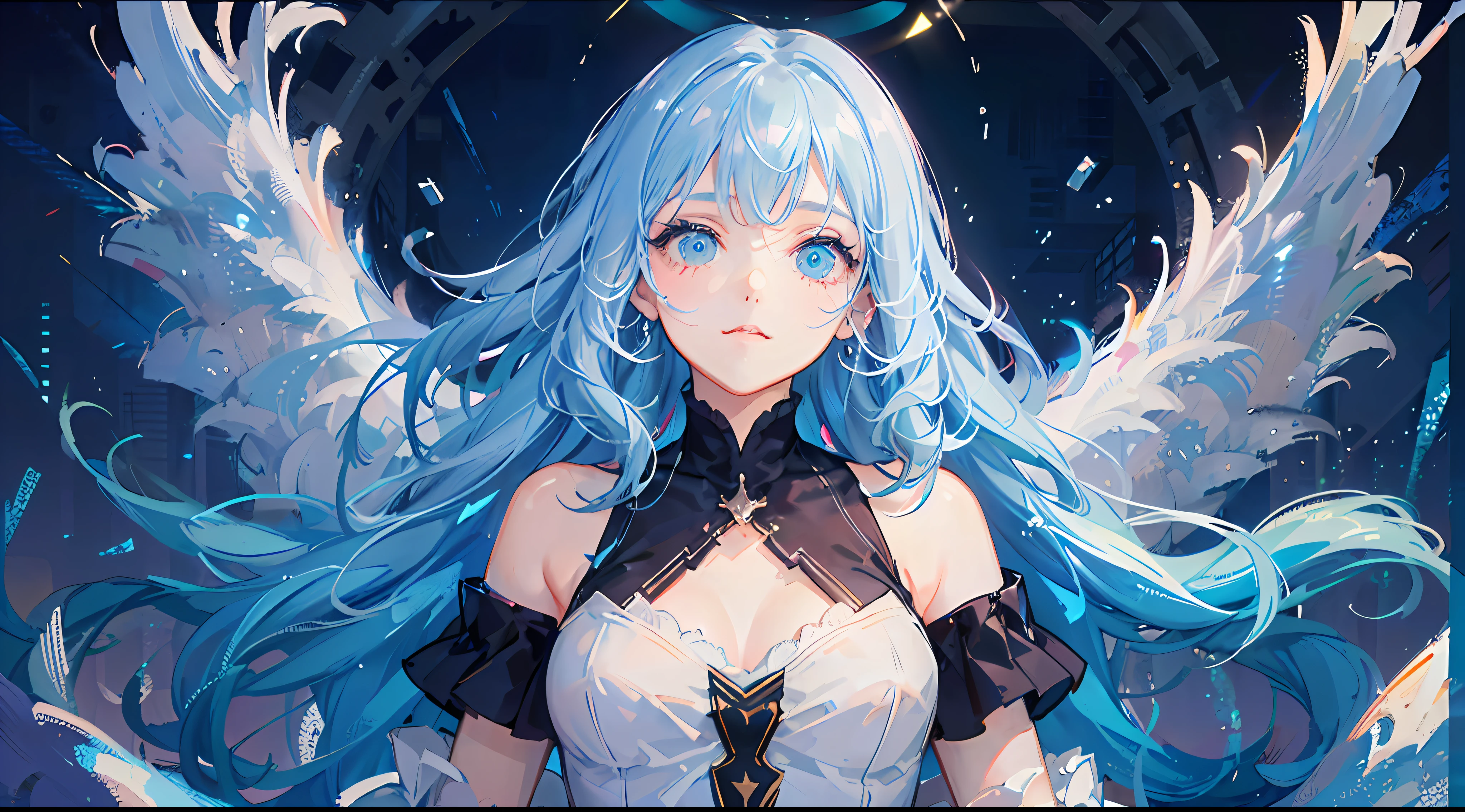 (hyper HD)、Retina Screen、acurate、anatomy correct、textureskin、hyper-high detail、high detal、high qulity、best qualtiy、A high resolution、Highest image quality、A masterpiece、(extremely detailed nipple)、(Best quality)、(tmasterpiece)、lightand shade contrast、Cinematic lighting、color difference、Twinkle、Ray traching、dynamic linework,eye detailed, lens flare glow, filmposter, tarot frame, The portrait is in the middle, ciri, Negative space, 独奏, Floating color net, many color, Floating drops, Water magic, Mottled sunlight, optic, Caustics, rainbowing, Beautiful detail halo, leaning backward, eyeslashes, light blue hair, long whitr hair, tilt of the head, dynamicposes, Asymmetrical hair, slanted bangs, High double ponytail,Flowing hair,abstract backgrounds, blue colors,The upper part of the body,Pondering,Blue pupil,feater, Exposed shoulders,whitegloves, animemanga girl, blue watery eyes, Anime moe art style, Childish face, splashing water drops, The eyes are highlighted and brightened, glittery, concept-art,facing to audience,Pout,Sky blue dress,Wings formed by water,Angel head ring