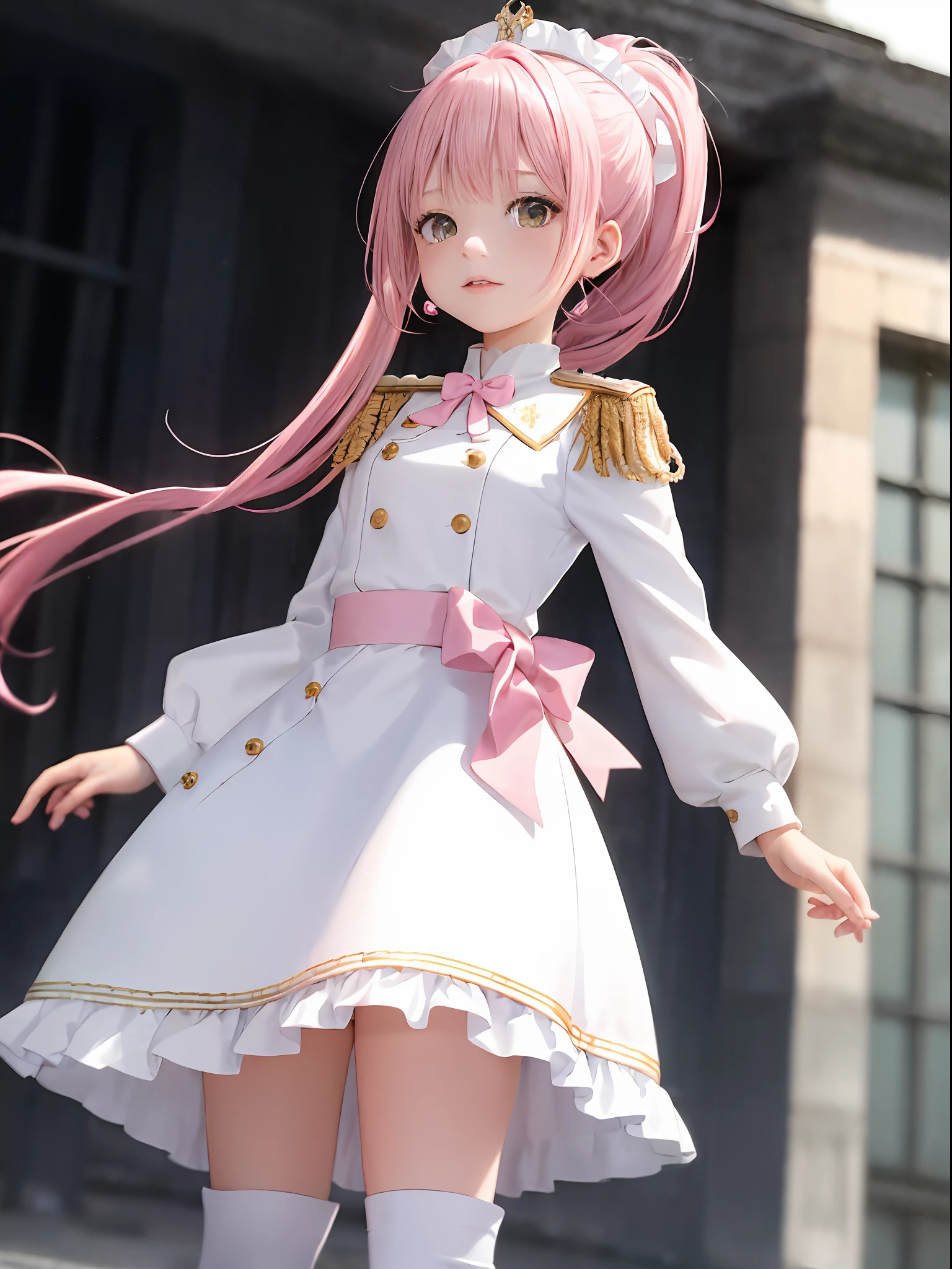 1girll, Single person， (Masterpiece:1.1), (Best quality:1.1), Break [Blue:Pink:0.5] Theme, Cowboy shot,Cinematic light， The upper part of the body，Positive perspective，Pink long single ponytail，Exquisite facial features，Amber eyes, white hair ribbon，golden headdress，White top，Military uniform tops，Pink epaulettes，Pink miniskirt，White mid-tube boots，Pink over-the-knee socks，standing on your feet，beckon，Castle background