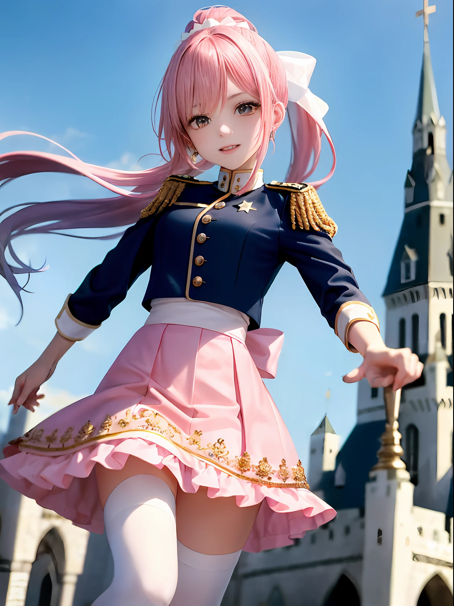 1girll, Single person， (Masterpiece:1.1), (Best quality:1.1), Break [Blue:Pink:0.5] Theme, Cowboy shot,Cinematic light， The upper part of the body，Positive perspective，Pink long single ponytail，Exquisite facial features，Amber eyes, white hair ribbon，golden headdress，White top，Military uniform tops，Pink epaulettes，Pink miniskirt，White mid-tube boots，Pink over-the-knee socks，standing on your feet，beckon，Castle background