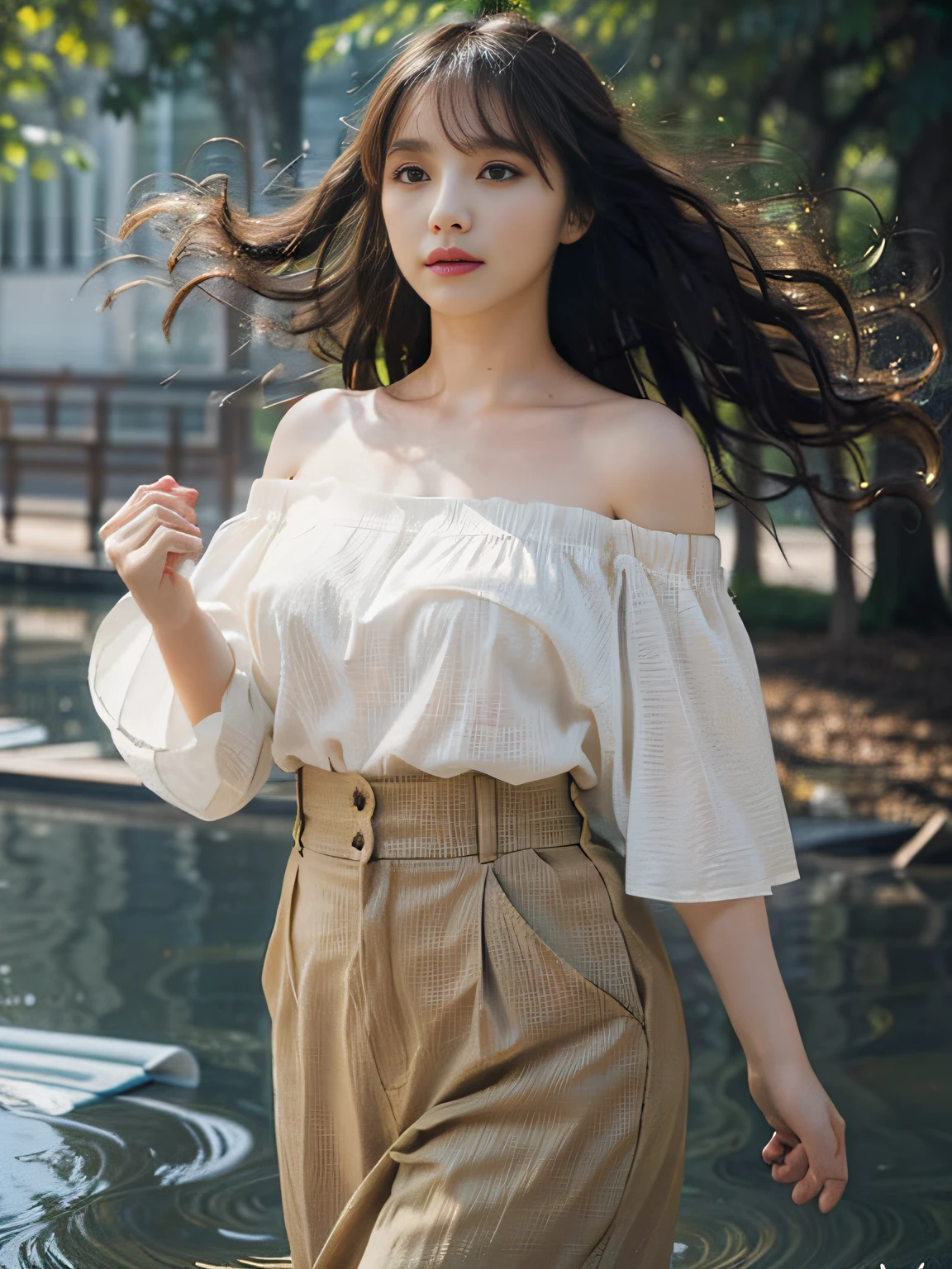 best quality, 1girl, (skindentation), (large breast), (day), bright, blur background, outdoor, (street:0.6), (people, crowds:1), (off-shoulder shirt:1.5), gorgeous, (wavy hair:1.5), (floating hair:1.5), (dynamic pose:1.3), soft lighting, wind, garden,