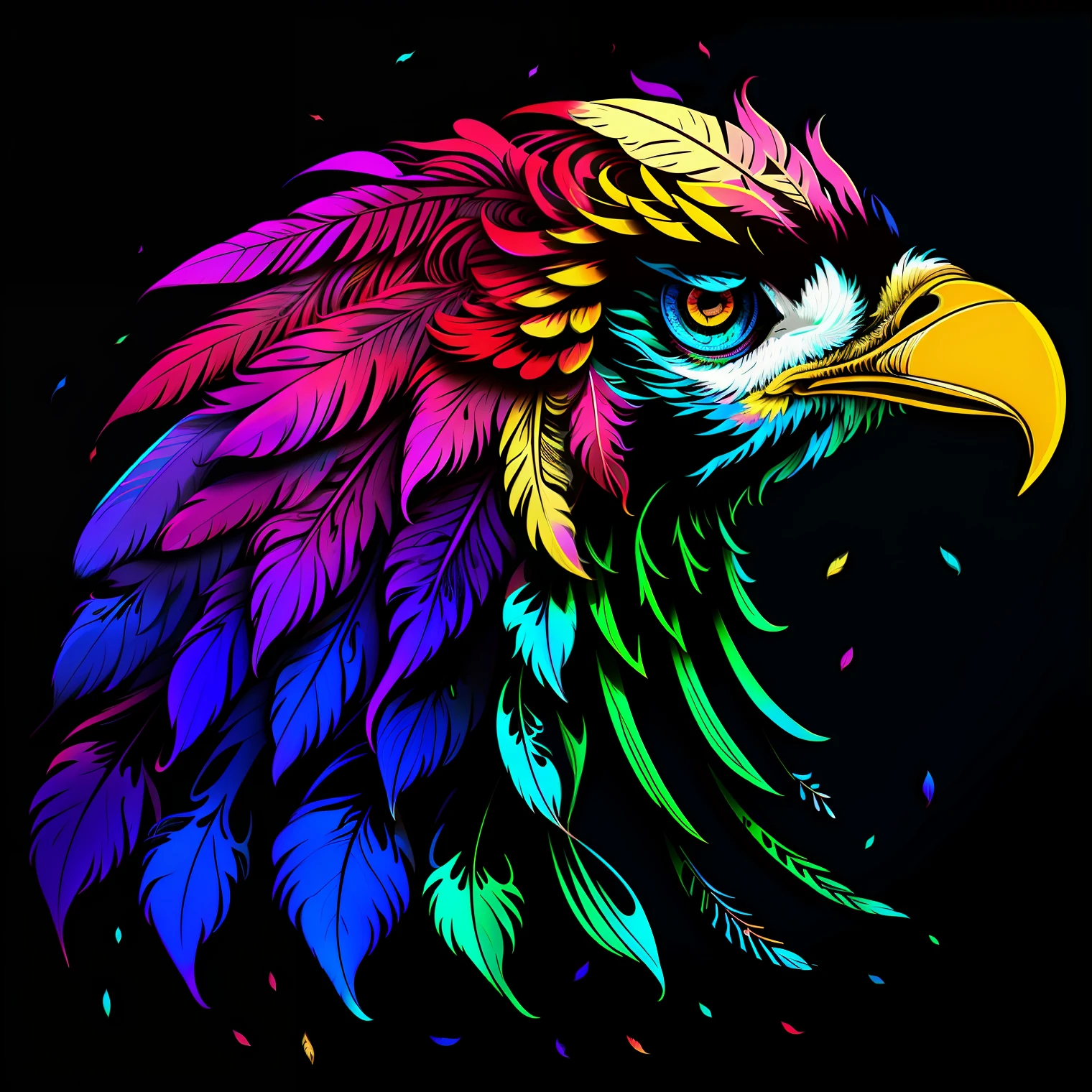 Colorful feathers on black background，colorful feather，Feather ornament，super detailed color art，rainbow gradient bloom，A colorful and intricate masterpiece，Detailed art in color，An intricate color masterpiece，super detailed color art，Psychedelic art style，Complex color，Gorgeous feather design，vibrant, High contrast shadows，Colorful vector art、（1bird、aigle）、The eye、Ferocious