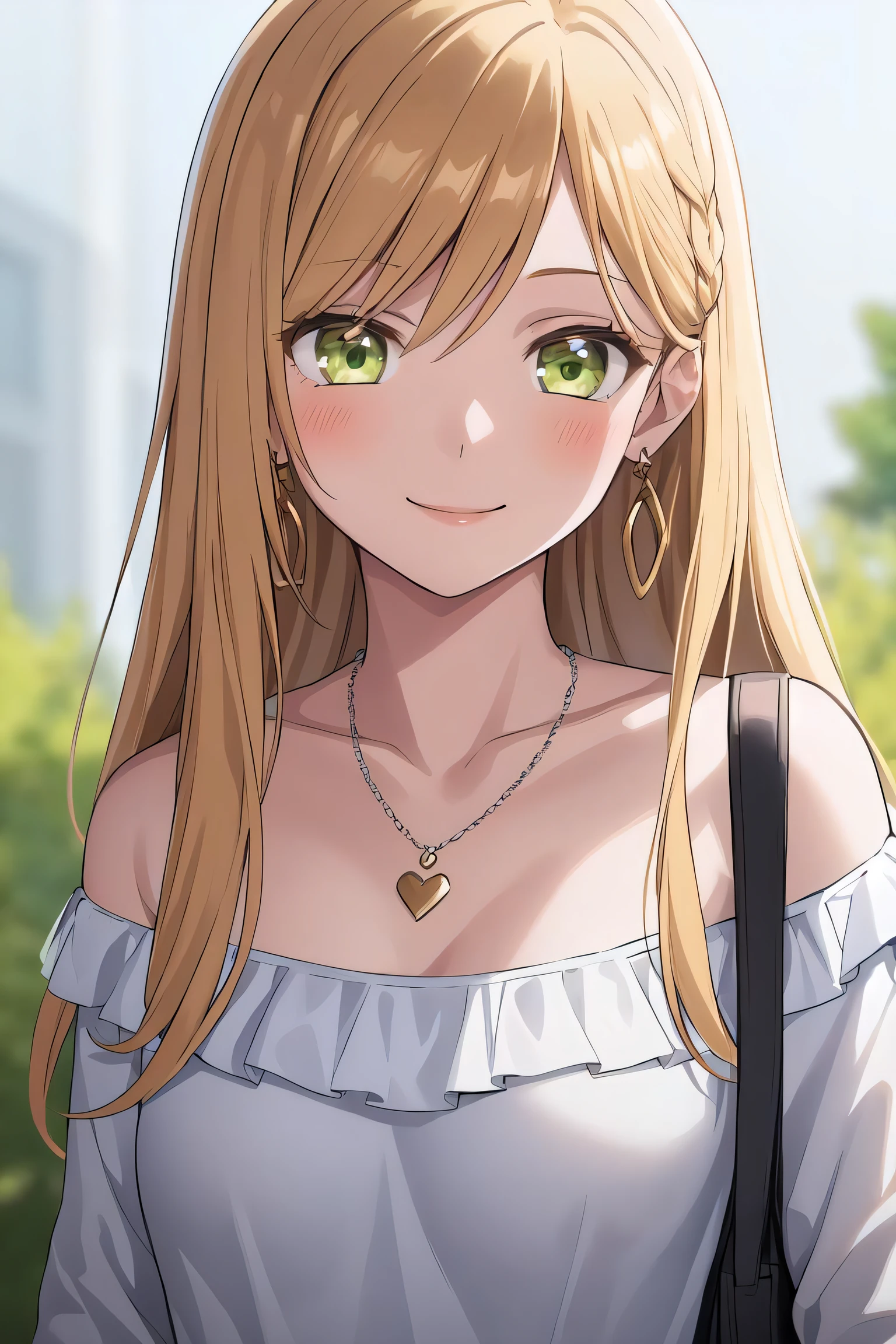 1girl, bag, bangs, blonde_hair, collarbone, earrings, green_eyes, jewelry, long_hair, necklace, shirt, smile, solo, upper_body
((best quality)), ((masterpiece)), (detailed), ultra detailed