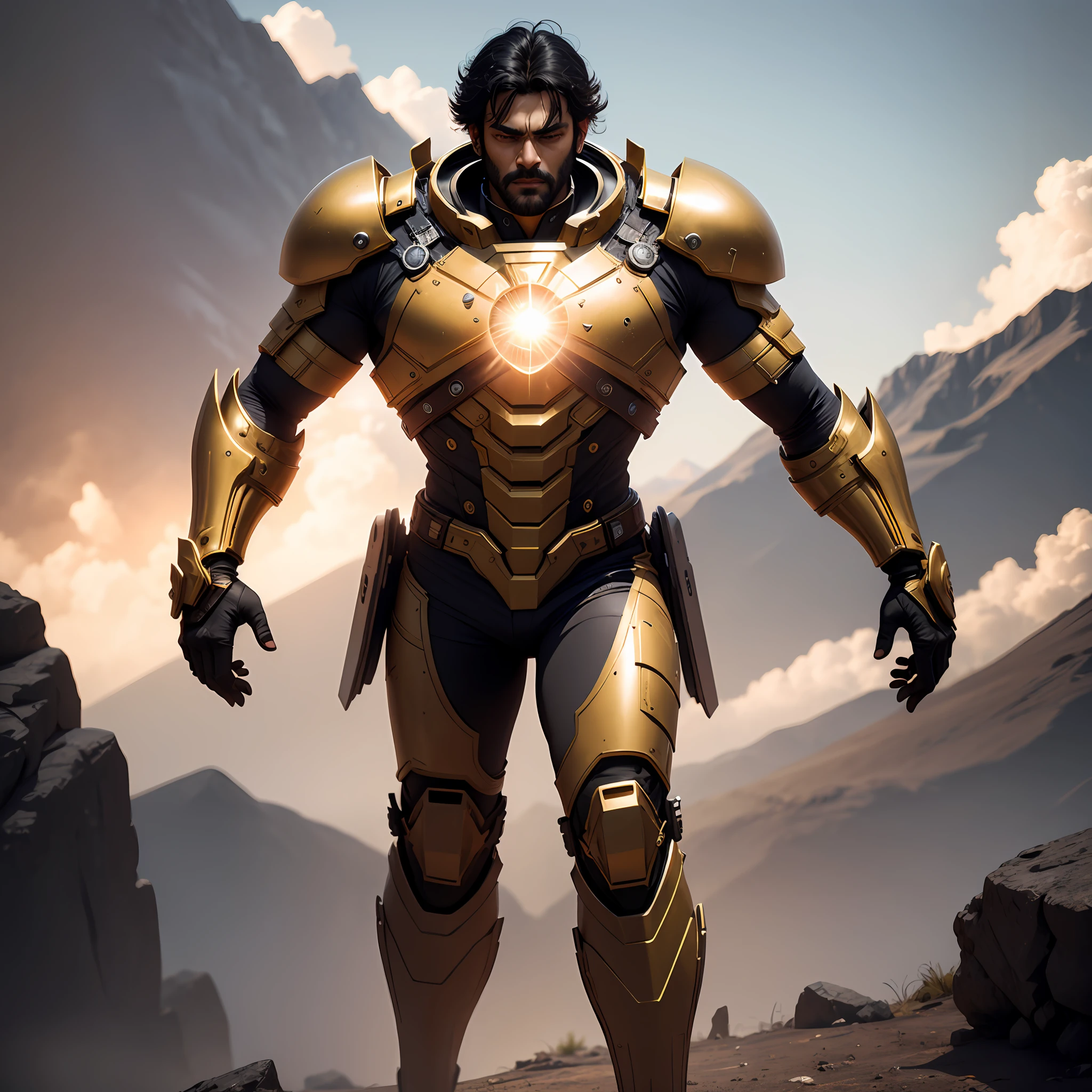 Prabhas in gold and black iron SciFi costume, big hair, standing in top of the mountain and sunlight in background, 8k resolution and 3d, hyper realistic, realistic face, warm tone --auto