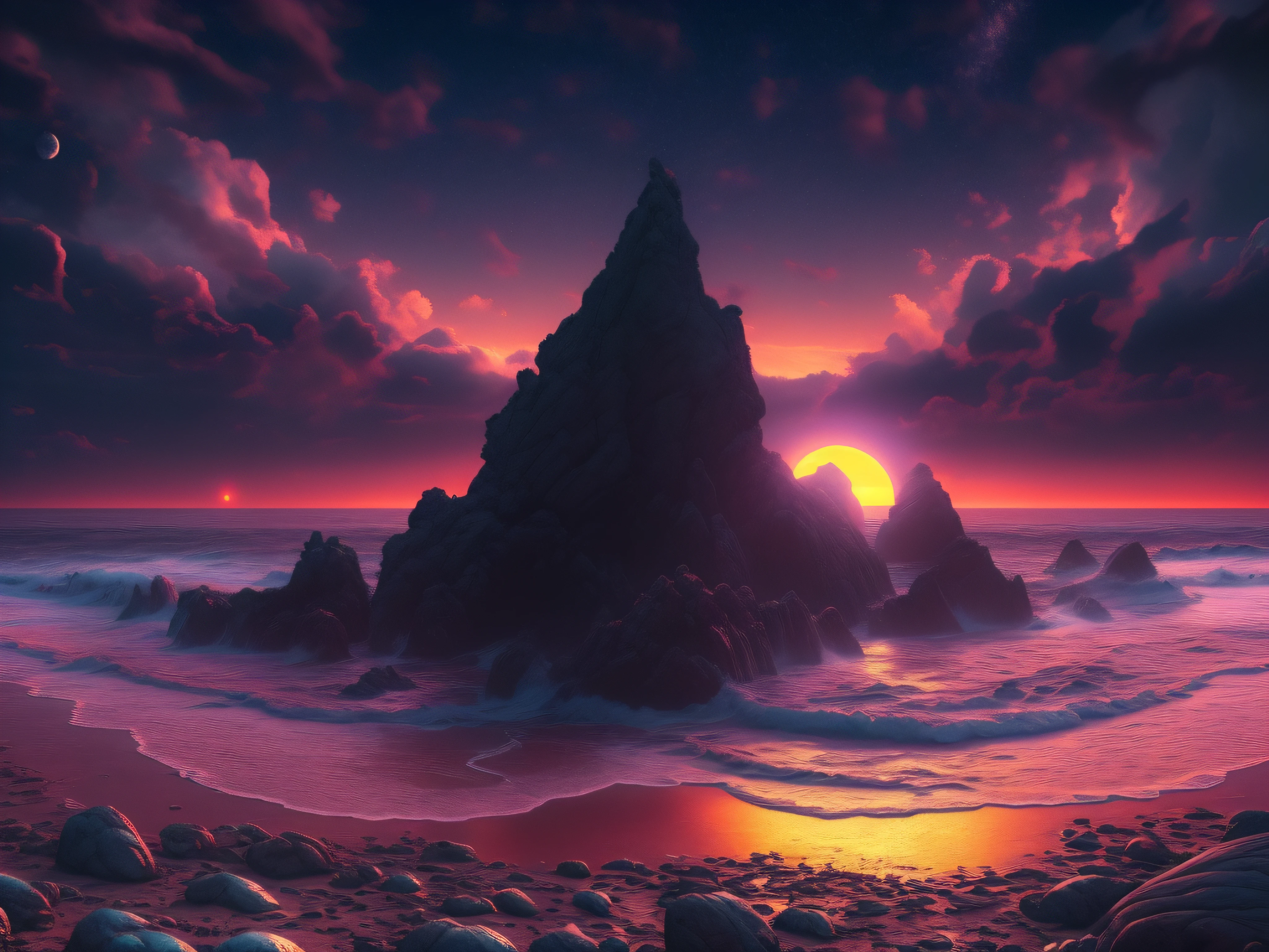 sunrise view of the sea and mountains with beautiful stars, glowing, highly detailed, epic, cinematic, stylized, photographic, high resolution, 8k, never before seen, paradise scene, spiritual sky, holocaust. muted colors:1 4, flood, ocean, texture of planet jupiter on waves:1.4, deep water, light reflections, luminous particles, muted colors, detail, glitch art, dark environment, 8k, oil painting, mixed technique digital art, digital painting, ultra smooth, fluid, 3d fractals:1. 4, light particles, spirit ink, smooth, shimmering, dreamy glow, 16k, sf, complex art masterpiece, sinister, matte film poster, golden ratio, intricate, epic, highly detailed, bright, production cinematic rendering ultra-high quality, epic realistic, faded, ((neutral colors)), art, (hdr:1. 5), (muted colors:1.2), hyperdetailed, (artstation:1.5), cinematic, warm light, dramatic light, (complex details:1.1), complex background