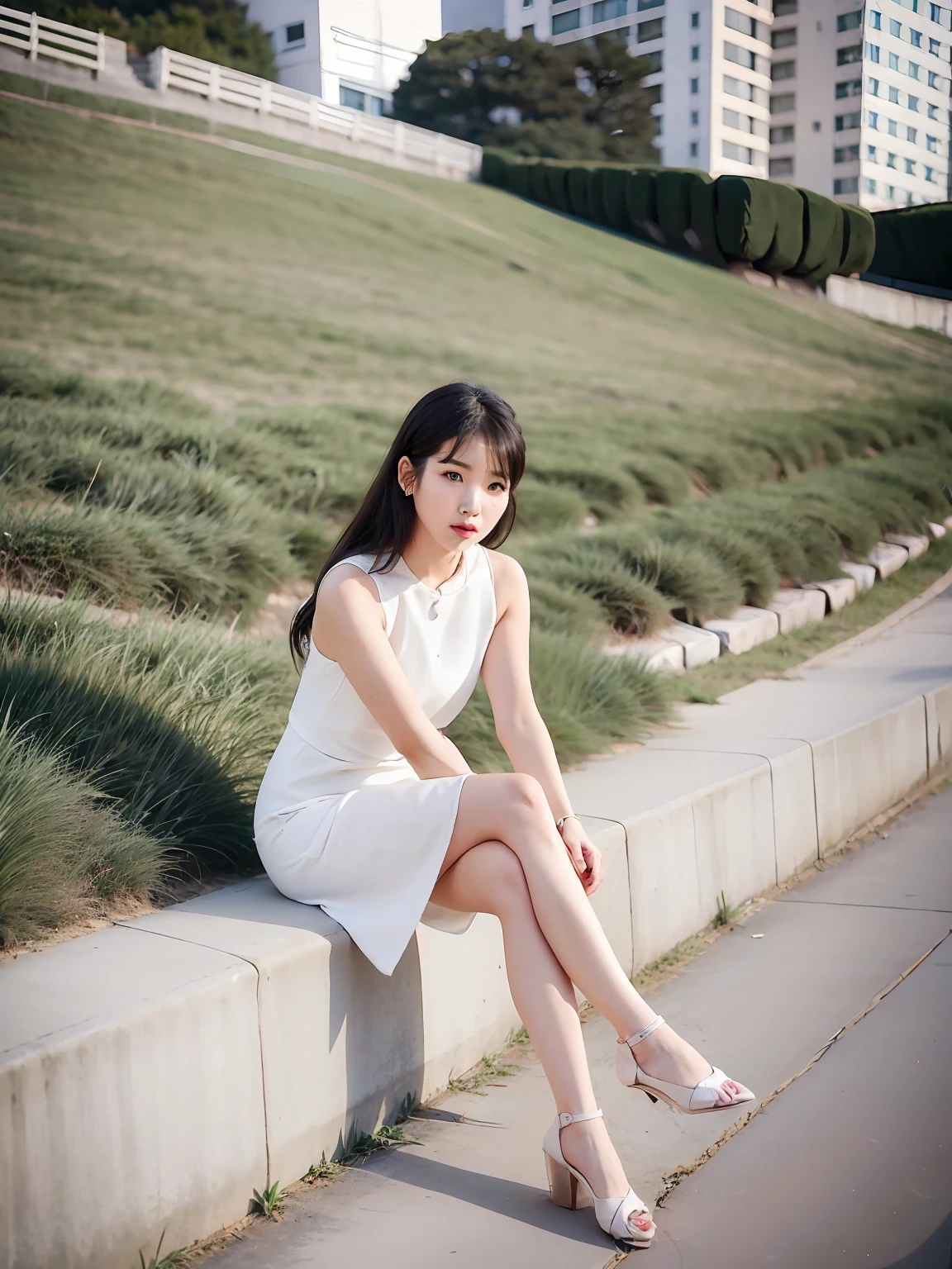 sitting on a curb，Woman with legs crossed, Beautiful young Korean woman, taken with canon 8 0 d, Korean girl, wears a white dress, beautiful asian woman sitting, sat on the ground, f / 1. 9 6. 8 1 mm ISO 4 0, Korean woman, A young Asian woman, taken with canon eos 5 d mark iv, Chinese girl --auto