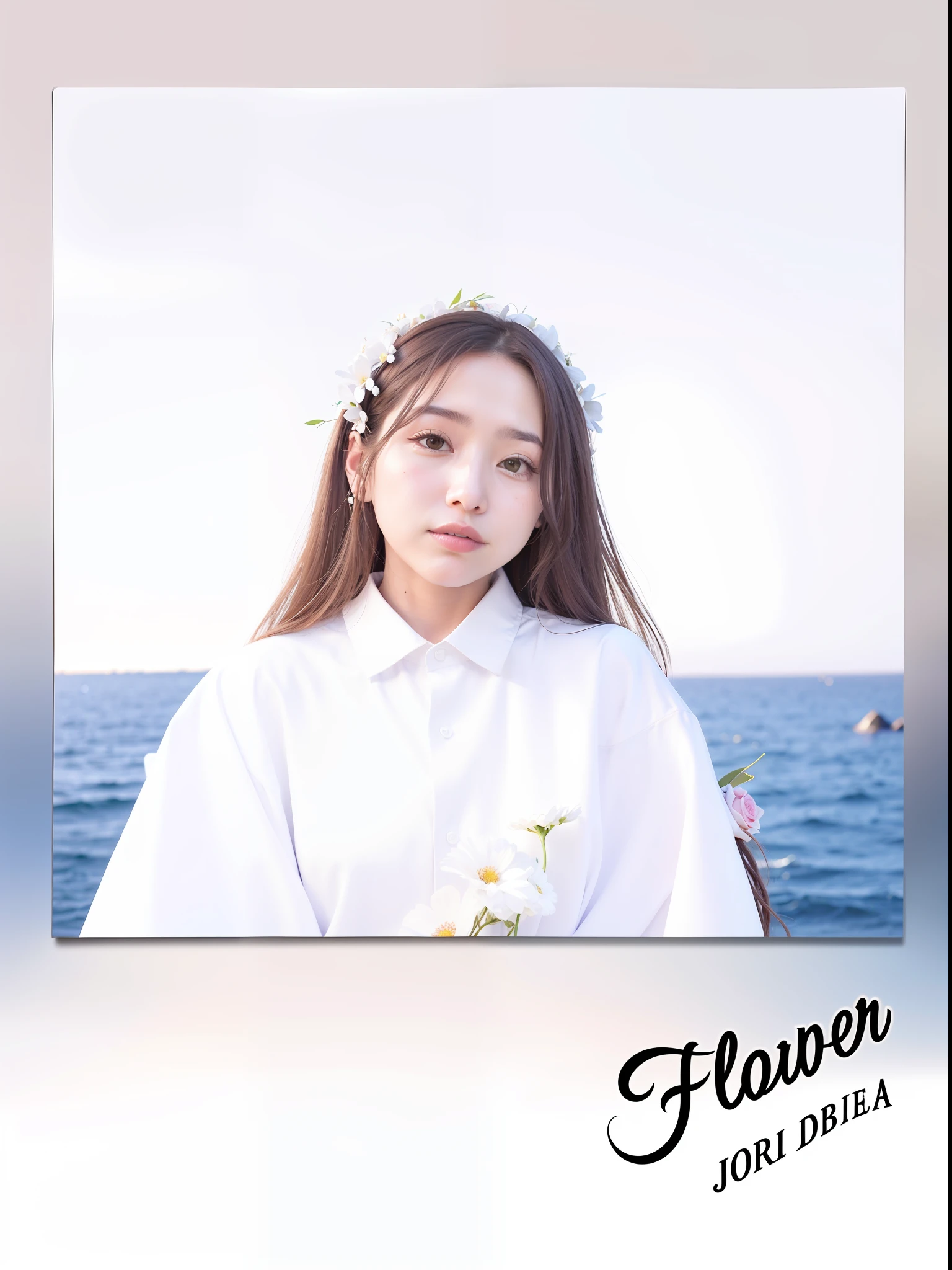 Photo of long haired woman in white shirt, flower, album, Album art, Official artwork, opulent,album covers, flower head, surrounded flower, Highlight, ssmile，jaeyeon nam, Flower frame, flor branca, With flowers