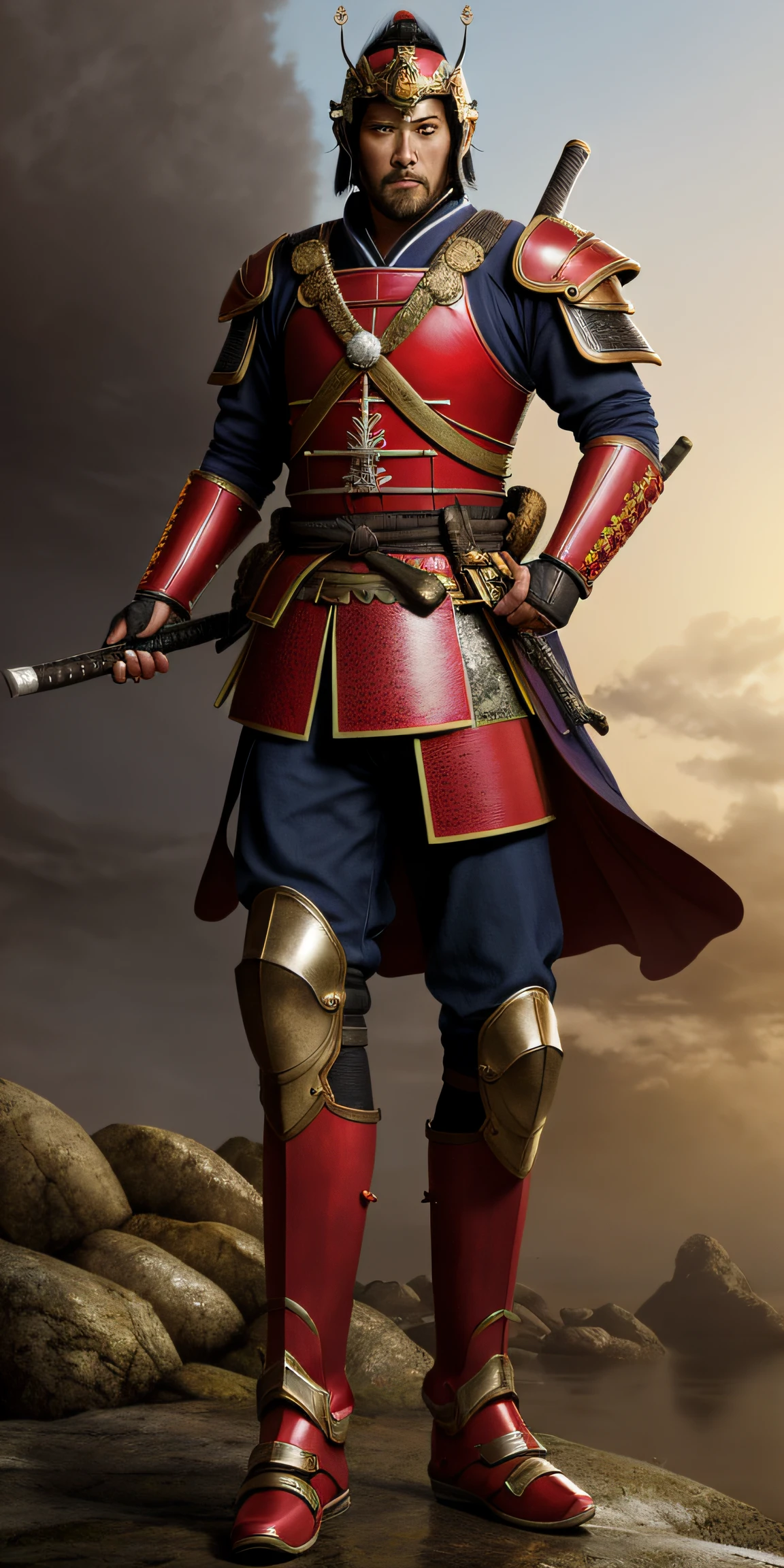 Full-body photorealistic portrait of a Japanese samurai, clad in a complete red armor with black details, wearing a samurai helmet, holding a samurai sword, in a realistic style, with warm and arid lighting, set in feudal Japan scenery, volumetric lighting, cinematic style, fluid acrylic, dynamic gradients, vibrant colors, illustration, highly detailed vector curves, simple, smooth, and clean vector art, smooth, Johan Grenier, character design, 3D shading, cinematic, ornate patterns, elegant organic framing, hyperrealism, posterized, collection of masterpieces, lush and vivid colors, twilight, wet watercolor.