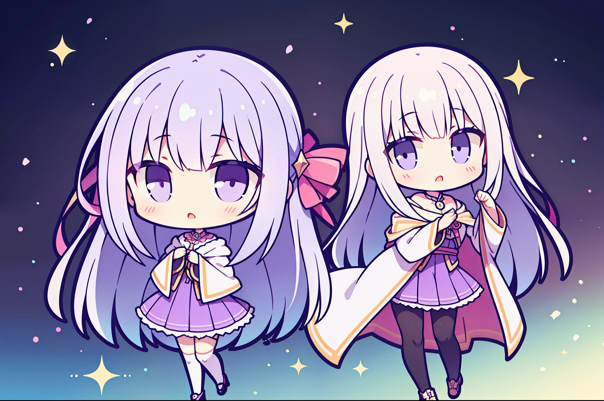 1girll,Long hair,Gradient hair from white to light purple,Light purple eyes,short skirt,Cloak,robe,Light purple stockings
