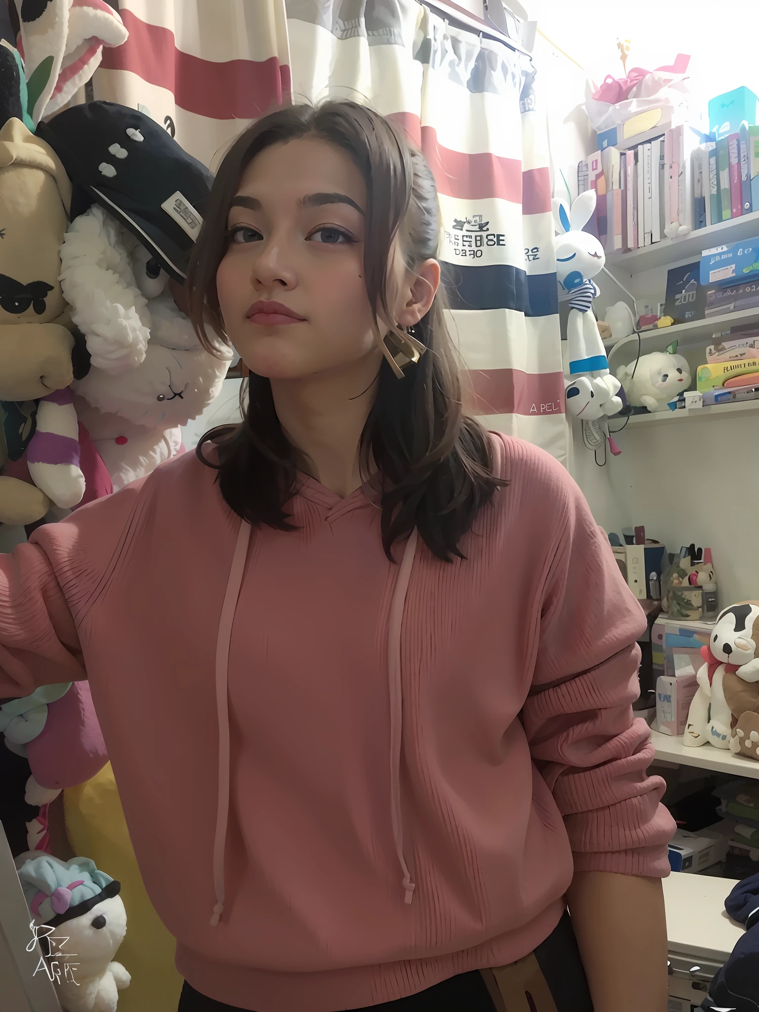 Araved woman in pink sweater standing in front of a plush toy stand, wearing a pastel pink hoodie, wearing a pink hoodie, wearing hoodie, 1 8 I, xintong chen, headshot profile picture, Profile picture, 2 4 year old female model, wearing sweatshirt, girl wearing hoodie, wenfei ye, personal profile picture, with short hair, professional make-up