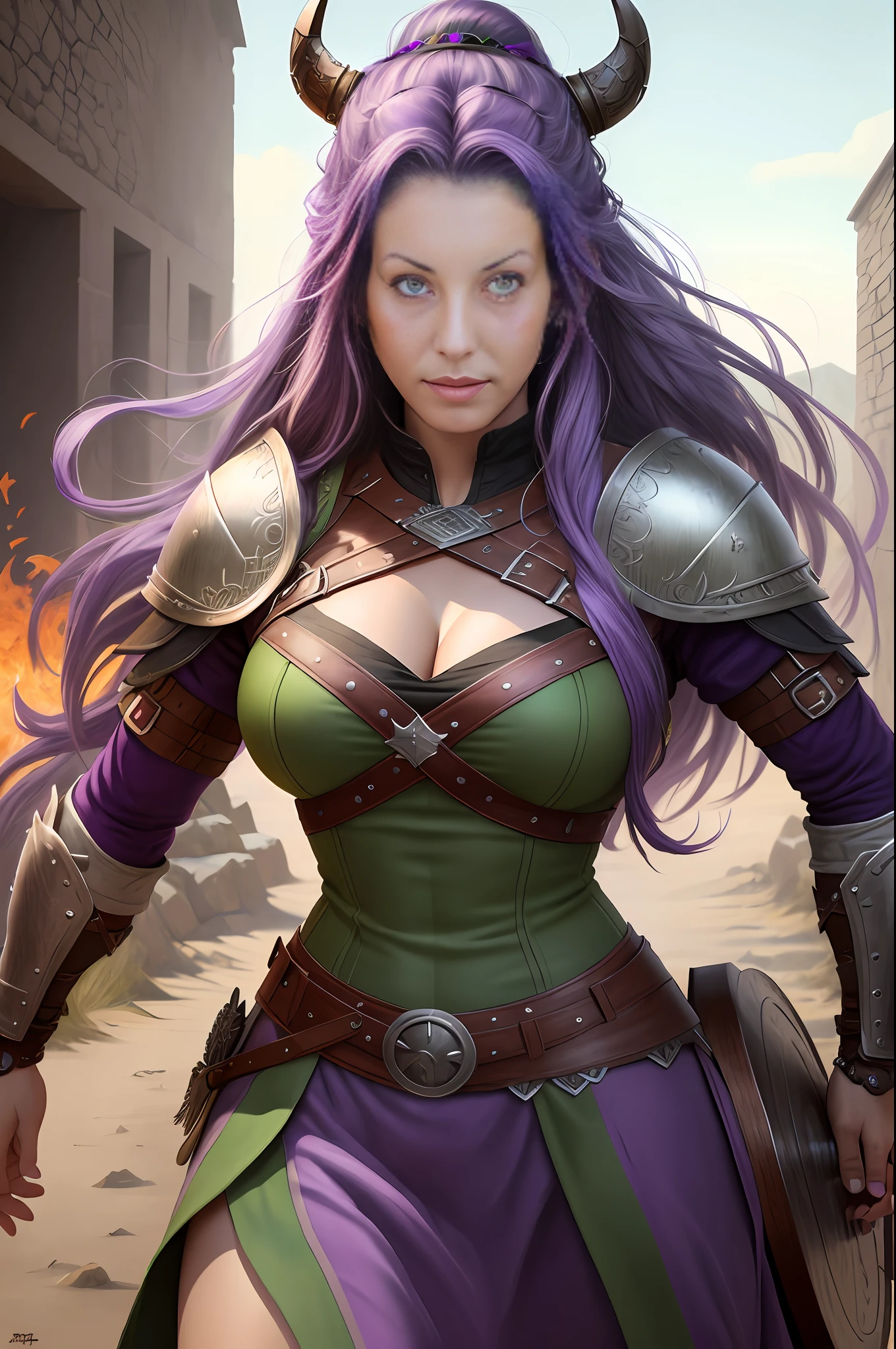 (artwork, hyper-realistic), "mighty viking warrior woman", (purple hair, green eyes) intricate details, highest quality