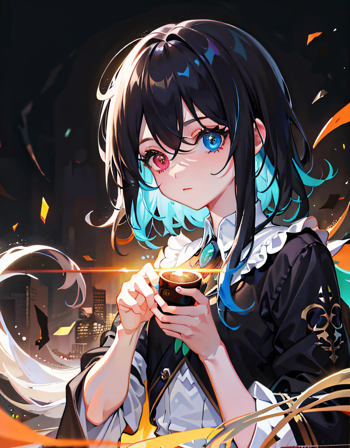 {{Masterpiece}}，Best quality at best，Very detailed CG unity 8K wallpaper，电影灯光，lens flare glow，beatiful detailed eyes，black in color，side looking，multicolour hair，Colorful light，particulate，Heterochromia，（a color：1.5），（The color hair:1.5)
