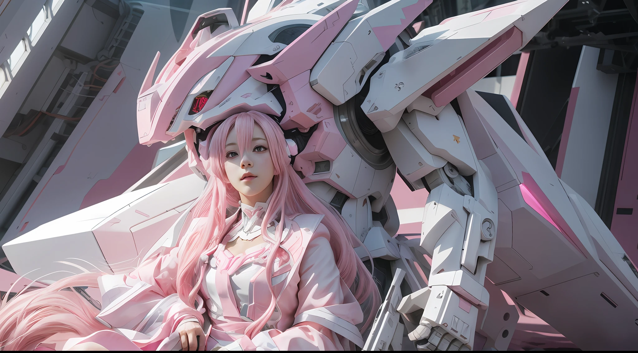 Anime - Style girl with pink hair and white and pink dresses, Best anime 4k konachan wallpaper, anime mecha aesthetic, Detailed digital anime art, mecha asthetic, alexandre ferra white mecha, inspired by Krenz Cushart, wlop and krenz cushart, highly detailed anime, high detailed official artwork