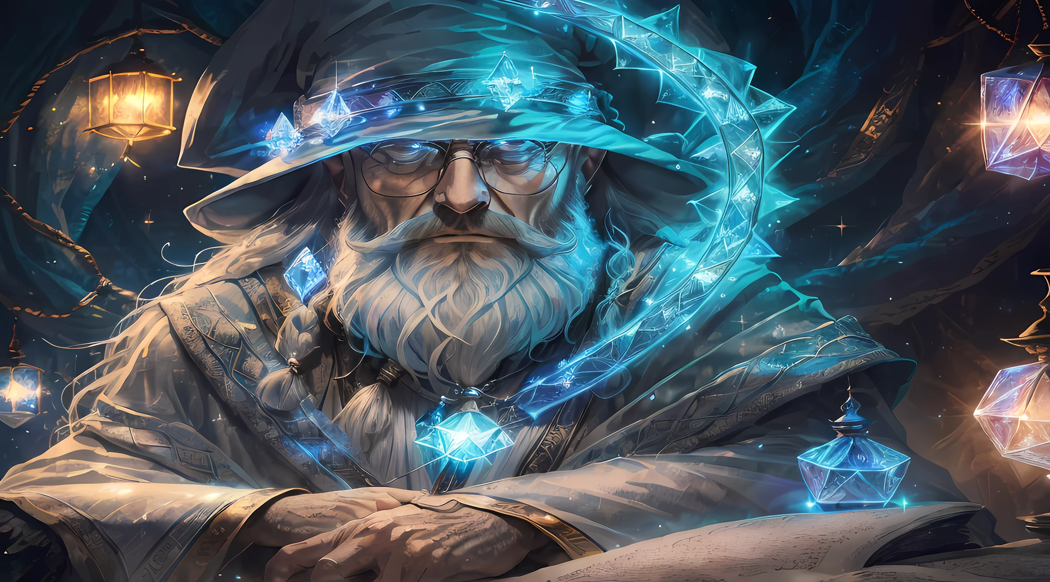 Walter White, (Masterpiece:1.2), (Best Quality), Detailed, UHD, Cinematic Lighting, sharp focus, (illustration:1.1), intricate, Old Wizard with long white hair and beard, wearing a wizard's robe and hat, pondering a blue glowing crystal, in a dimly lit room, magician's room, glowing lights, flickering lights,