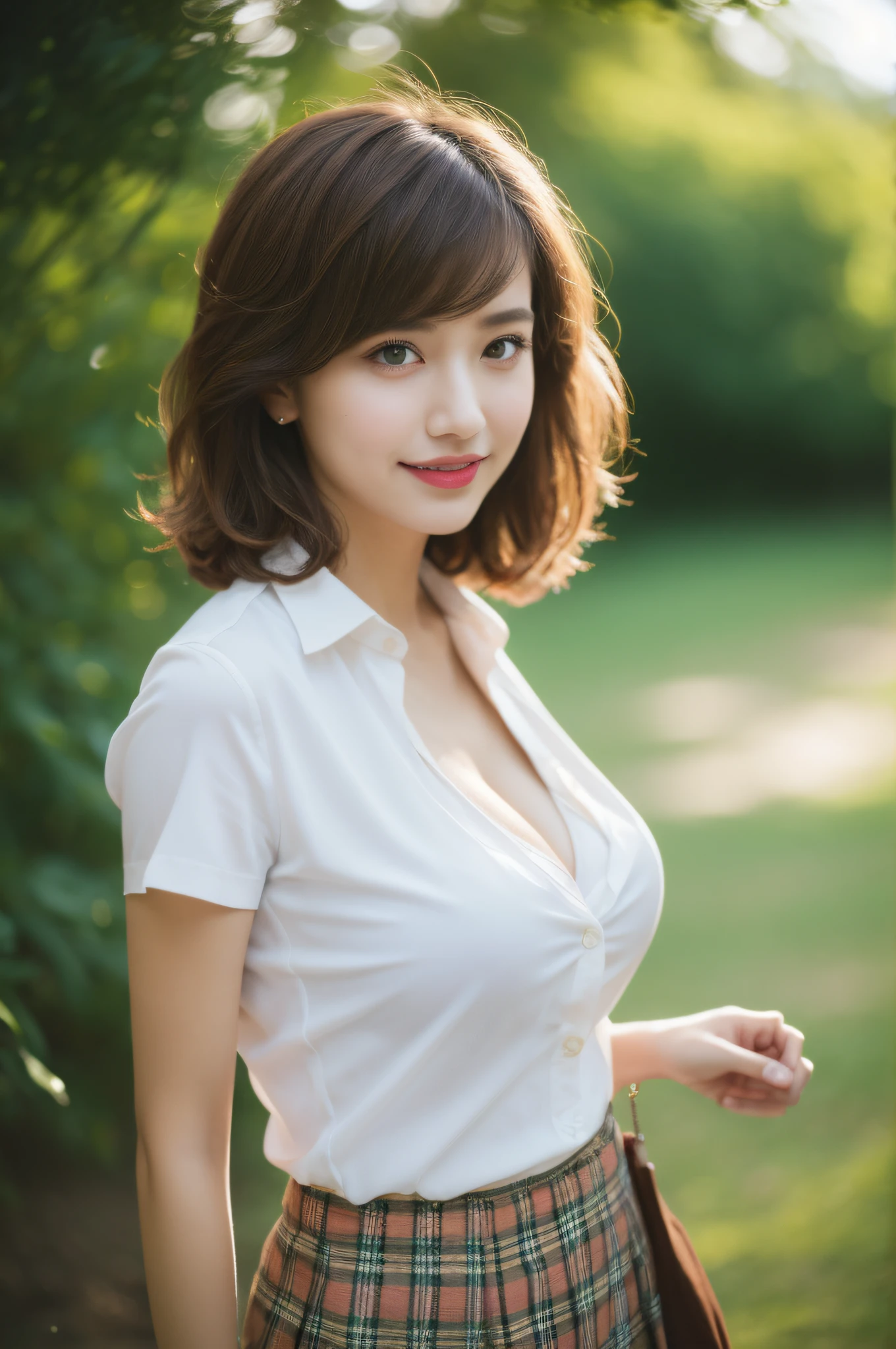 nsfw, 8K raw photo, Best quality, masterpiece, ultra high res, film grain, filmg, 1girl, looking at viewer, natural skin texture, realistic eye and face details, full lips, lipstick, (makeup), red eyeshadow, fluffy short hair, messy hair, smile, close mouth, beautiful legs, tall female, skinny, slim_legs, solo, enormous breast, cleavage, Pose with buttocks facing you, ultra short skirt, ass, shirt, beautiful nature location, around flower location, (detailed background), plaid skirt, white shirt, enormous breast, cleavage, Show a little cleavage through the shirt, loafers, blurry background, blurry, holding, plaid, short sleeves, jk ribbon on the neck, jk ribbon, brown hair, bracelet, water, bangs, school uniform, jewelry, parted lips, lips, from side, pleated skirt, depth of field
