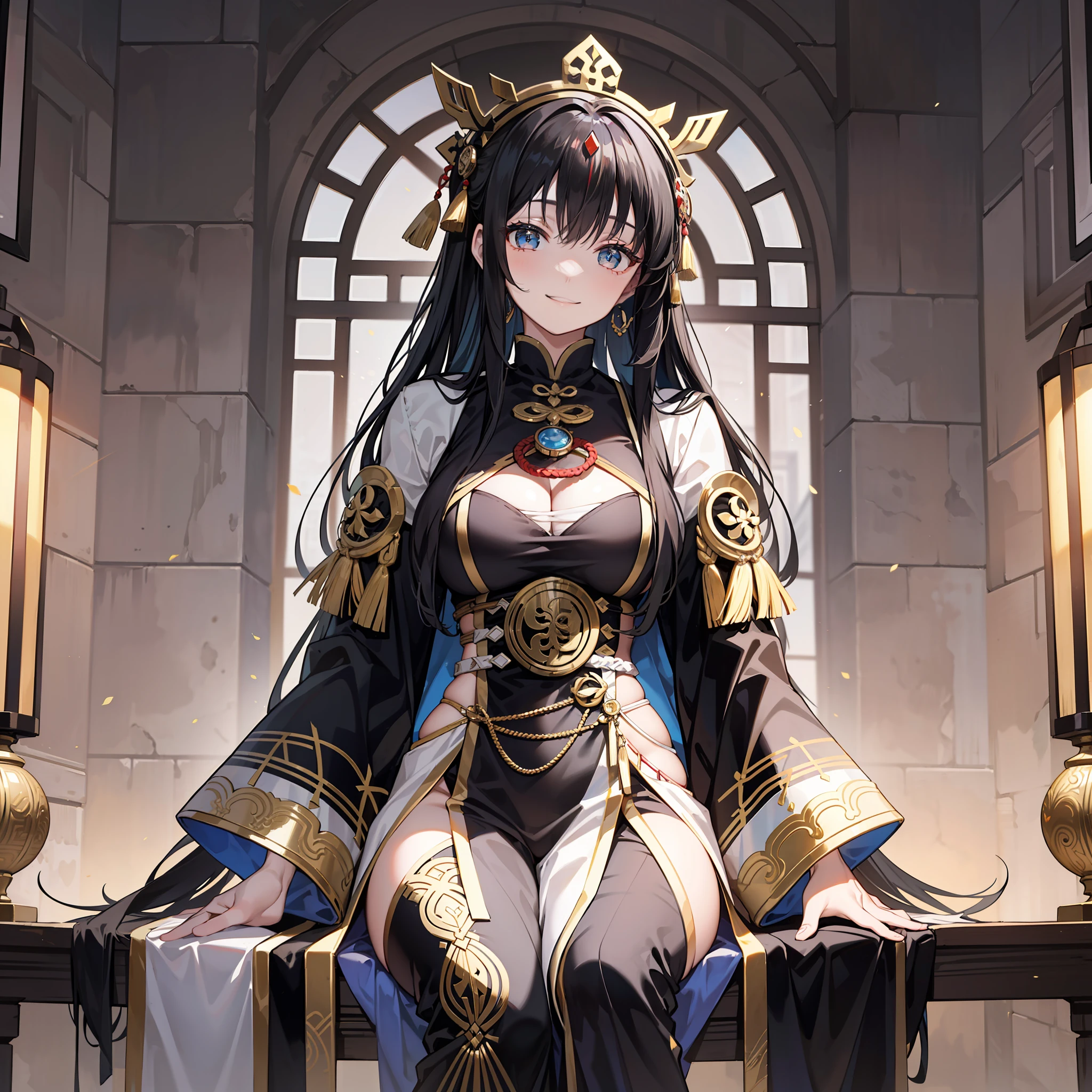 A black-haired female emperor wearing a Daoist robe walked over。Her robe was black，It is embroidered with a silver pattern，She is tall and curvaceous，With a gentle smile on his face，But there is a sense of mystery and nobility。 Her eyes were deep and full of wisdom，It seems to store the wisdom of all things in the world，respectable，Solemnly dressed