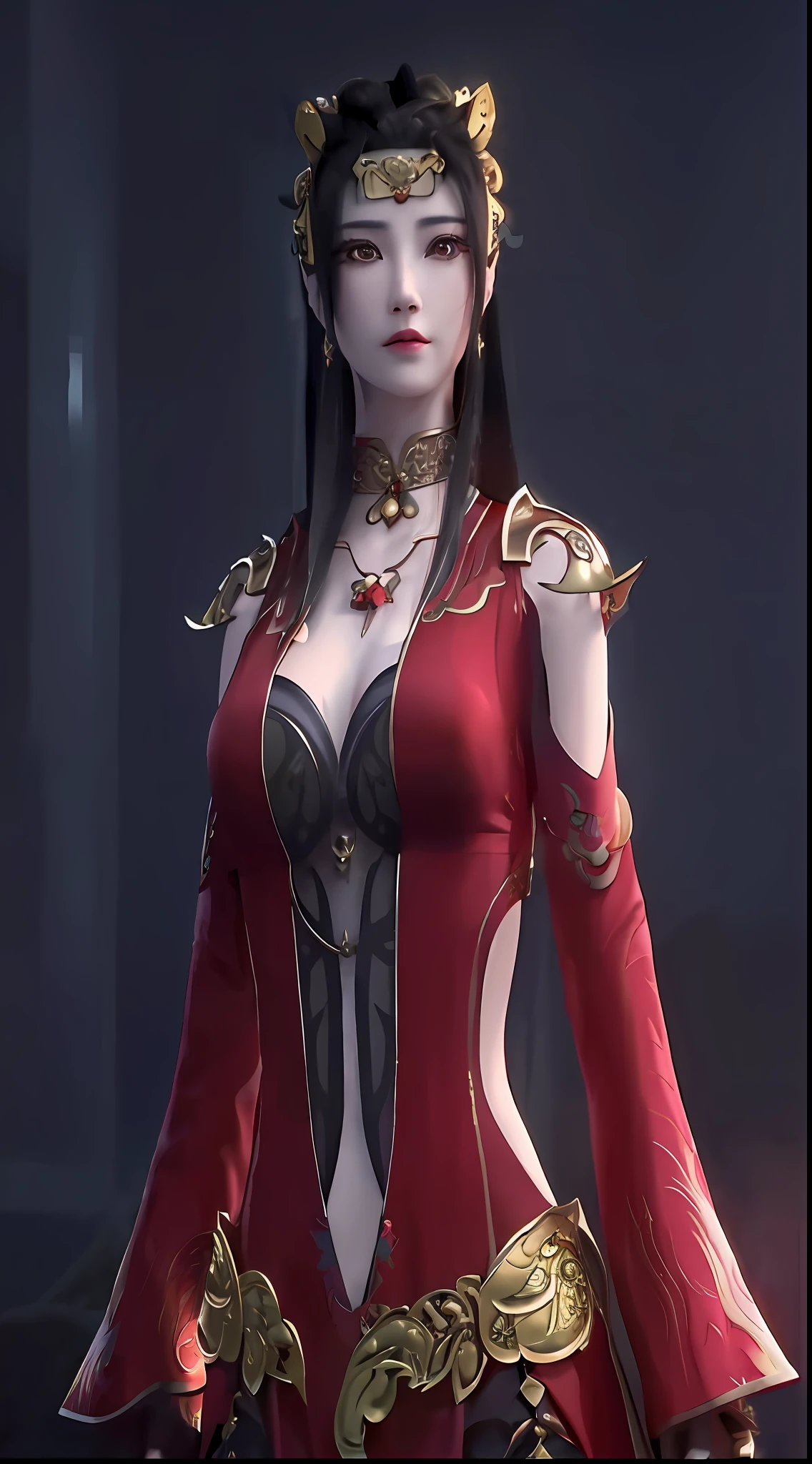 a close up of a woman in a red dress with a gold crown, full body xianxia, a beautiful fantasy empress, lady in red armor, xianxia hero, ((a beautiful fantasy empress)), xianxia, loong, ruan jia and artgerm, beautiful elegant demon queen, diablo 4 queen, yun ling, beautiful and elegant elf queen