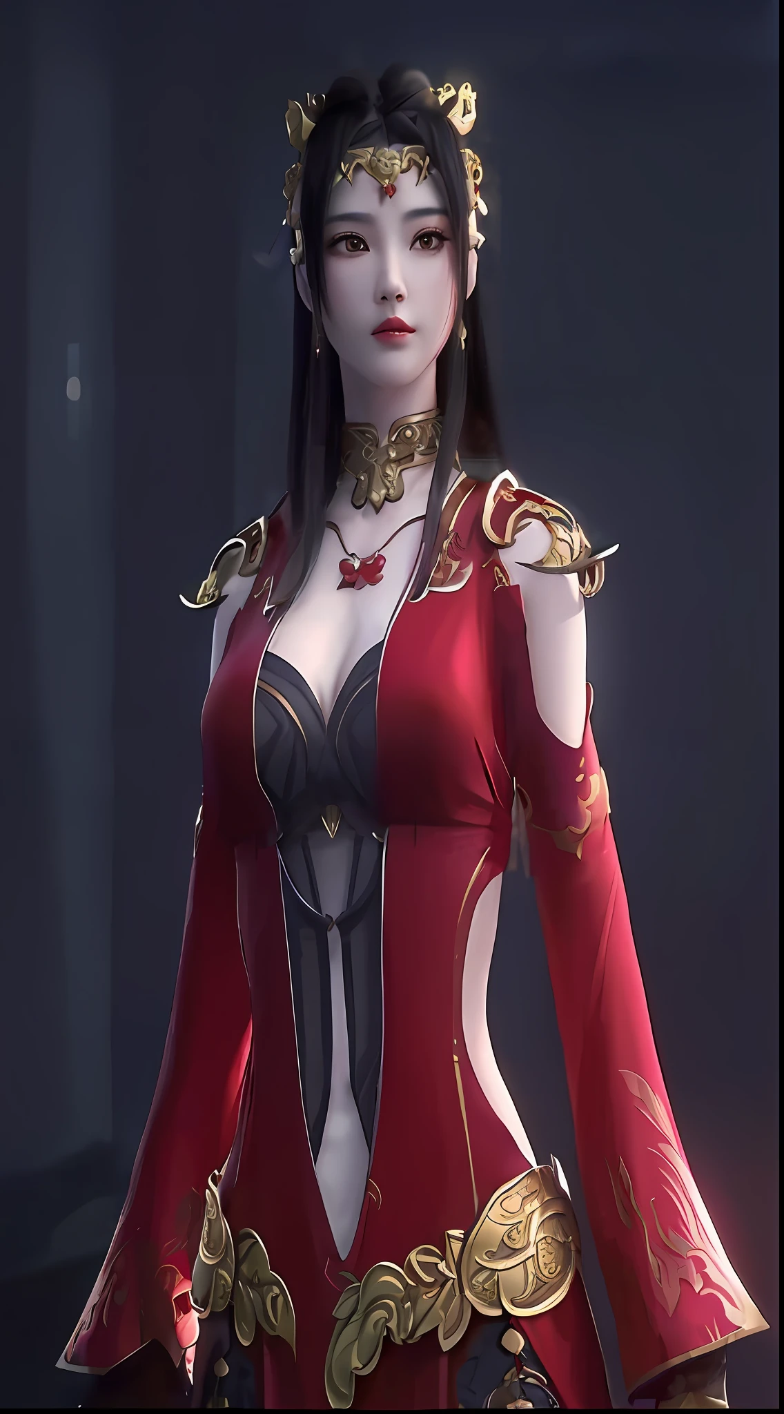 a close up of a woman in a red dress with a gold crown, full body xianxia, a beautiful fantasy empress, lady in red armor, xianxia hero, ((a beautiful fantasy empress)), xianxia, loong, ruan jia and artgerm, beautiful elegant demon queen, diablo 4 queen, yun ling, beautiful and elegant elf queen