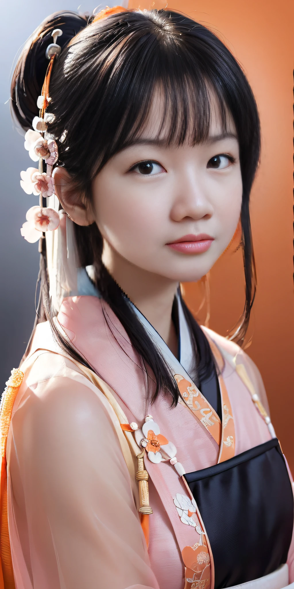 (fluorescent colors:1.4),(translucent:1.4),(retro filters:1.4), (fantasy:1.4),  (orange background:1.4),
(1girl wearing (orange pink  hanfu:1.3), tang style, blunt bangs, black hair),
((portrait:1.5)), looking at viewer,
(masterpiece, 8k uhd, HDR, extreme detailed, intricate details, best quality, professional, vivid colors),