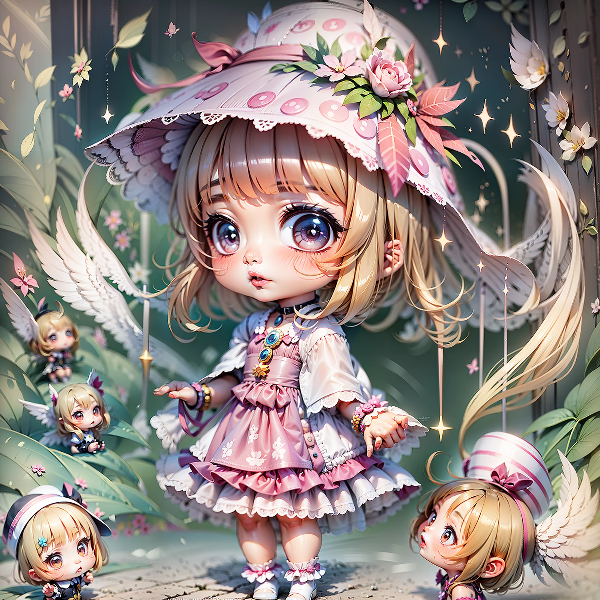 heavy rain poured，A girl in a colorful hat and dress，There are pairs of wings on the back，chibi girl，Loli in dresses，Lori，Kawaii chibi，Inspired by Lyckey，Chibi Art，inspired by Tawaraya Sōtatsu，Inspired by Yundu Snow，inspired by Wang Lü