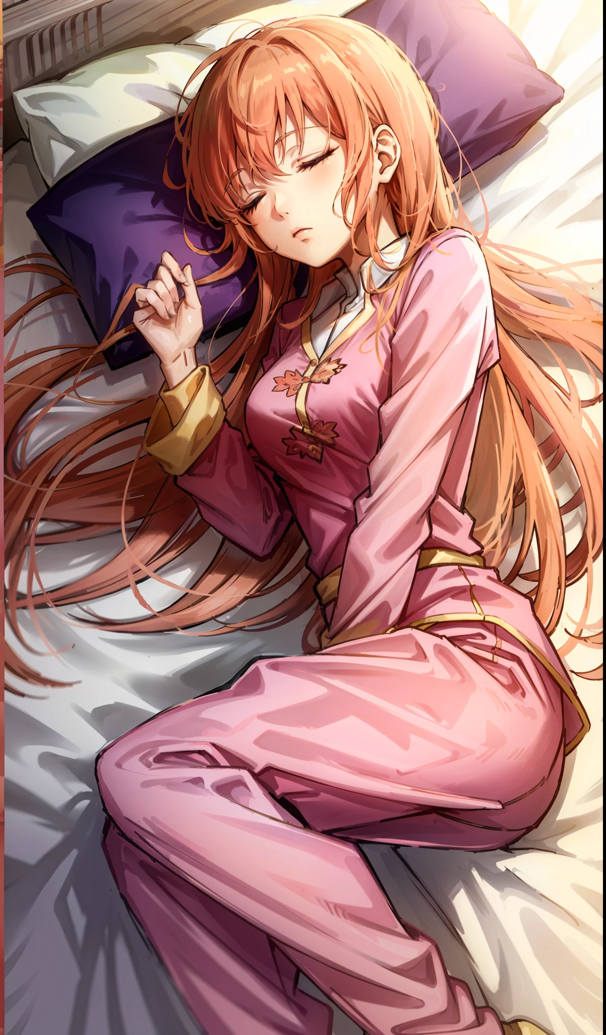 Sleeping girl, she is wearing long pants, she is wearing pink pajama,